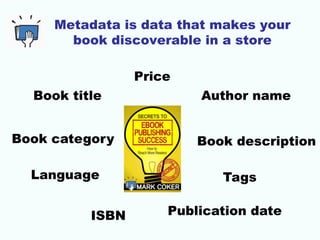 Metadata is data that makes your
book discoverable in a store
Book title
Book description
Author name
Book category
Price
...