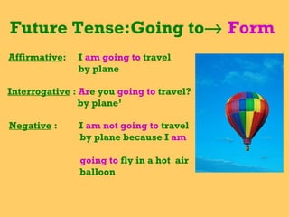 Future Tense:Going to→ Form
Affirmative: I am going to travel
by plane
Interrogative : Are you going to travel?
by plane’
Negative : I am not going to travel
by plane because I am
going to fly in a hot air
balloon
 