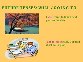 FUTURE TENSES: WILL / GOING TO
I will travel to Japan next
year → decision
I am going to study German
at school plan
 