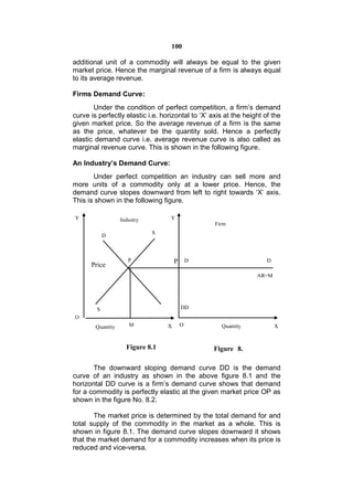100

additional unit of a commodity will always be equal to the given
market price. Hence the marginal revenue of a firm is always equal
to its average revenue.

Firms Demand Curve:
       Under the condition of perfect competition, a firm’s demand
curve is perfectly elastic i.e. horizontal to ‘X’ axis at the height of the
given market price. So the average revenue of a firm is the same
as the price, whatever be the quantity sold. Hence a perfectly
elastic demand curve i.e. average revenue curve is also called as
marginal revenue curve. This is shown in the following figure.

An Industry’s Demand Curve:
       Under perfect competition an industry can sell more and
more units of a commodity only at a lower price. Hence, the
demand curve slopes downward from left to right towards ‘X’ axis.
This is shown in the following figure.

Y                  Industry        Y
                                                      Firm
                              S
            D
                              S


                      P               P       D                       D
      Price
                                                                   AR=M




        S                                 DD
O       S

        Quantity      M           X       O             Quantity          X


                     Figure 8.1                       Figure 8.
                                                  2
       The downward sloping demand curve DD is the demand
curve of an industry as shown in the above figure 8.1 and the
horizontal DD curve is a firm’s demand curve shows that demand
for a commodity is perfectly elastic at the given market price OP as
shown in the figure No. 8.2.

       The market price is determined by the total demand for and
total supply of the commodity in the market as a whole. This is
shown in figure 8.1. The demand curve slopes downward it shows
that the market demand for a commodity increases when its price is
reduced and vice-versa.
 