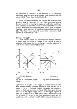 124

(b) Decrease in demand: If the demand of a commodity
decreases, while supply remains constant, the equilibrium price and
output will fall. This is shown in the Fig. No. 3.

      In Fig. 3 quantity demanded and supplied are shown on the X
axis and price of commodity on the Y axis. DD is the original
demand curve. SS is the original supply curve, E is the equilibrium
point. Decrease in demand is shown by downward shift of DD curve
to D1D1. New demand curve intersects the supply curve at point E1.
Equilibrium price falls from OP to OP1 and output falls from OQ to
OQ1. Therefore, when demand curve shifts downwards both
equilibrium price and output falls.


Changes in Supply: -
        Like demand, supply of a commodity also changes. Changes
in supply take place due to chages in the cost of production,
production techniques, etc. Due to changes in supply, supply curve
shifts. It may (a) Increase of (b) Decrease.


    Y                                     Y
                                                                          S1
         D                    S                       D
Price                                S1
S

    P                     E               P1                     E1

    P1                         E1             P                       E

             S                                        S1                     D
                 S1                 D                      S

    O                 Q   Q1              X       O            Q1 Q
X
      Demand & supply                                          Demand &
supply
Fig. No. 10.4 Increase in Supply                  Fig. No.10 5 Decrease in
Supply

(a) Increase in Supply: - If the supply of a commodity increases,
while demand remains constant, equilibrium price will fall. This is
shown in Fig. 4. In the figure, quantity demanded and supplied is
shown on the X axis and price on Y axis. DD is the original demand
curve. SS is the original supply curve. E is the original equilibrium
point. SS increase to S1S1. New supply curve cuts demand curve
DD at point E1, which is the new equilibrium point. At this
equilibrium point, price falls from OP to OP1 and quantity demanded
 