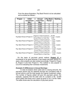 177

   From the above illustration, Pay Back Period is to be calculated
   and re-ranked as follows:-

  Project           Initial            Annual           Pay Back               Ranking
                 Investment           Cash Flow          Period
                     (Rs.)              (Rs.)
     A             20,000               4,000                 5                       IV
     B               6,000              2,000                 3                        II
     C               8,000              4,000                 2                         I
     D             12,000               3,000                 4                       III
     E             15,000               2,500                 6                       V

                                 Original or Initial Investment        20,000
Pay-Back Period of Project A =                                     =            5 years
                                  Annual Return or Cash flow           4,000
                                  Original or Initial Investment           6,000
Pay- Back Period of Project B =                                    =               3 years
                                  Annual Return or Cash flow               2,000
                                  Original or Initial Investment           8,000
Pay- Back Period of Project C =                                        =           2 years
                                  Annual Return or Cash flow               4,000
                                  Original or Initial Investment           12,000
Pay- Back Period of Project D =                                        =            4 years
                                  Annual Return or Cash flow               3,000
                                  Original or Initial Investment           15,000
Pay- Back Period of Project E =                                    =                6 years
                                  Annual Return or Cash flow               2,500

  On the basis of pay-back period method, Project ‘C’ is
considered to be good because it has lowest pay-back period of 2
years, other projects are also ranked accordingly. Project B, Project
D, Project A and then Project E. This method is very popular in
U.S.A for evaluating their overseas investments.

Example (1) Differences in Annual Earnings :
      In case of projects which yield cash in varying amounts, the
pay-back period may be obtained through the cumulative total of
annual returns until the total equals the original investment outlay.
The number of figures added will give the pay-back period. For
example, suppose that the total cost of a project is Rs. 10,000
which yields cash flows over 5 years as given in col. 3 of the Table.
The table shows also the calculation of pay-back period.
 