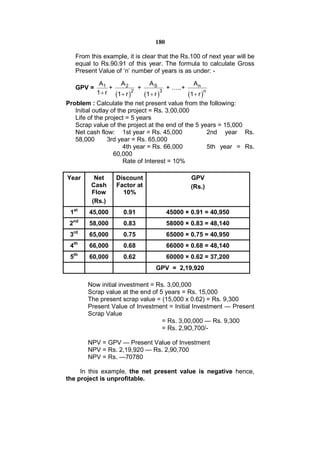 180

     From this example, it is clear that the Rs.100 of next year will be
     equal to Rs.90.91 of this year. The formula to calculate Gross
     Present Value of ‘n’ number of years is as under: -

             A1        A2        AS                An
     GPV =        +          +            + …..+
            1  r 1  r  2
                               1  r  3
                                                 1  r n
Problem : Calculate the net present value from the following:
   Initial outlay of the project = Rs. 3,00,000
   Life of the project = 5 years
   Scrap value of the project at the end of the 5 years = 15,000
   Net cash flow: 1st year = Rs. 45,000                    2nd year Rs.
   58,000        3rd year = Rs. 65,000
                       4th year = Rs. 66,000               5th year = Rs.
                    60,000
                       Rate of Interest = 10%

Year       Net      Discount                    GPV
          Cash      Factor at                   (Rs.)
          Flow        10%
          (Rs.)
 1st      45,000      0.91              45000 × 0.91 = 40,950
 2nd      58,000      0.83              58000 × 0.83 = 48,140
 3rd      65,000      0.75              65000 × 0.75 = 40,950
 4th      66,000      0.68              66000 × 0.68 = 48,140
   th
 5        60,000      0.62              60000 × 0.62 = 37,200
                                   GPV = 2,19,920

         Now initial investment = Rs. 3,00,000
         Scrap value at the end of 5 years = Rs. 15,000
         The present scrap value = (15,000 x 0.62) = Rs. 9,300
         Present Value of Investment = Initial Investment — Present
         Scrap Value
                                    = Rs. 3,00,000 — Rs. 9,300
                                    = Rs. 2,9O,700/-

         NPV = GPV — Present Value of Investment
         NPV = Rs. 2,19,920 — Rs. 2,90,700
         NPV = Rs. —70780

     In this example, the net present value is negative hence,
the project is unprofitable.
 