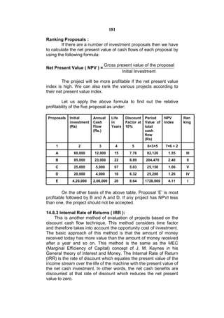 181

Ranking Proposals :
        If there are a number of investment proposals then we have
to calculate the net present value of cash flows of each proposal by
using the following formula:

                                 Gross present value of the proposal
Net Present Value ( NPV ) =
                                          Initial Investment

         The project will be more profitable if the net present value
index is high. We can also rank the various projects according to
their net present value index.

         Let us apply the above formula to find out the relative
profitability of the five proposal as under:

 Proposals   Initial      Annual      Life    Discount    Period     NPV       Ran
             investment   Cash        in      Factor at   Value of   Index     king
             (Rs)         Flow        Years   10%         total
                          (Rs.)                           cash
                                                          flow
                                                          (Rs)
     1           2           3         4         5         6=3×5     7=6 ÷ 2
    A          60,000     12,000       15       7.76       92,120      1.55     III
    B          85,000     23,000       22       8.89      204,470      2.40     II
    C          25,000      5,000       07       5.03       25,150      1.00     V
    D          20,000      4,000       10       6.32       25,280      1.26     IV
     E        4,20,000    2,00,000     20       8.64      1728,000     4.11      I


         On the other basis of the above table, Proposal ‘E’ is most
profitable followed by B and A and D. If any project has NPVI less
than one, the project should not be accepted.

14.8.3 Internal Rate of Returns ( IRR ):
     This is another method of evaluation of projects based on the
discount cash flow technique. This method considers time factor
and therefore takes into account the opportunity cost of investment.
The basic approach of this method is that the amount of money
received today has more value than the amount of money received
after a year and so on. This method is the same as the MEC
(Marginal Efficiency of Capital) concept of J. M. Keynes in his
General theory of Interest and Money. The Internal Rate of Return
(IRR) is the rate of discount which equates the present value of the
income stream over the life of the machine with the present value of
the net cash investment. In other words, the net cash benefits are
discounted at that rate of discount which reduces the net present
value to zero.
 