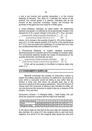 51

y and q are income and quantity demanded. ε is the income
elasticity of demand. The value of ε indicates the nature of the
product. For normal goods it is positive, indicating that as the
income of the consumer increases, he/she will increase the
purchase of the good and vice versa for a Giffen good.

2. Cross Elasticity: Indicates, as noted earlier, the relationship
between two goods. It is defined as the proportionate change in the
demand for X for a given change in the price of Y. Thus, we have:
    proportionate change in quantity demanded of X       X Py
                                                          
           proportionate change in the price of Y        Py X
where, ∆X is change in the quantity of good X, ∆Py is the change in
price of Y, X is the original quantity of X and Py is the original price
of Y. If ξ>1 the two goods are substitutes. If it is less than one, they
are complementariness and unrelated if ξ is zero.

3. Promotional Elasticity: In modern capitalist economies,
advertising plays an important part of the strategy to increase sales.
The promotional elasticity studies the impact of advertising on the
quantity demanded. Symbolically we have,
       proportionate change in quantity demanded       Q A
                                                         
    proportionate change in adverti sin g exp enditure A Q
       A firm will be successful in its efforts to improve sales only
when η >1.

4.5 CONSUMER’S SURPLUS

       Marshall introduced the concept of consumer’s surplus to
explain the welfare aspects of pricing. It is defined as ‘the excess of
price which a consumer would be willing to pay rather than go
without a thing over that which he actually does pay is the
economic measure of this surplus satisfaction’. Since the amount of
money which the consumer is willing to pay indicates his utility, we
can use the price the consumer is ready to pay as a measure of his
surplus. Thus, we have:

Consumer’s Surplus = Σ Marginal Utility – Total Outlay. We can
show the consumer’s surplus with the help of an example.

  Units of the Good 1 2 3 4 5 6 7 8 9 10
  Price             30 28 25 22 19 15 12 10 8 5
  Marginal Utility  50 45 40 30 20 15 8 0 -5 -10

In the above table we see that as the price falls the marginal utility
also declines. At a price of 8, the marginal utility is zero and turns
negative. At a price of 15, the marginal utility equals the price and
 