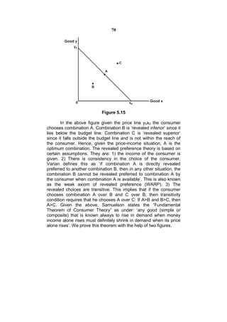 70




                            Figure 5.15

       In the above figure given the price line y0x0 the consumer
chooses combination A. Combination B is ‘revealed inferior’ since it
lies below the budget line. Combination C is ‘revealed superior’
since it falls outside the budget line and is not within the reach of
the consumer. Hence, given the price-income situation, A is the
optimum combination. The revealed preference theory is based on
certain assumptions. They are: 1) the income of the consumer is
given. 2) There is consistency in the choice of the consumer.
Varian defines this as ‘if combination A is directly revealed
preferred to another combination B, then in any other situation, the
combination B cannot be revealed preferred to combination A by
the consumer when combination A is available’. This is also known
as the weak axiom of revealed preference (WARP). 3) The
revealed choices are transitive. This implies that if the consumer
chooses combination A over B and C over B, then transitivity
condition requires that he chooses A over C: If A>B and B>C, then
A>C. Given the above, Samuelson states the “Fundamental
Theorem of Consumer Theory” as under: ‘any good (simple or
composite) that is known always to rise in demand when money
income alone rises must definitely shrink in demand when its price
alone rises’. We prove this theorem with the help of two figures.
 