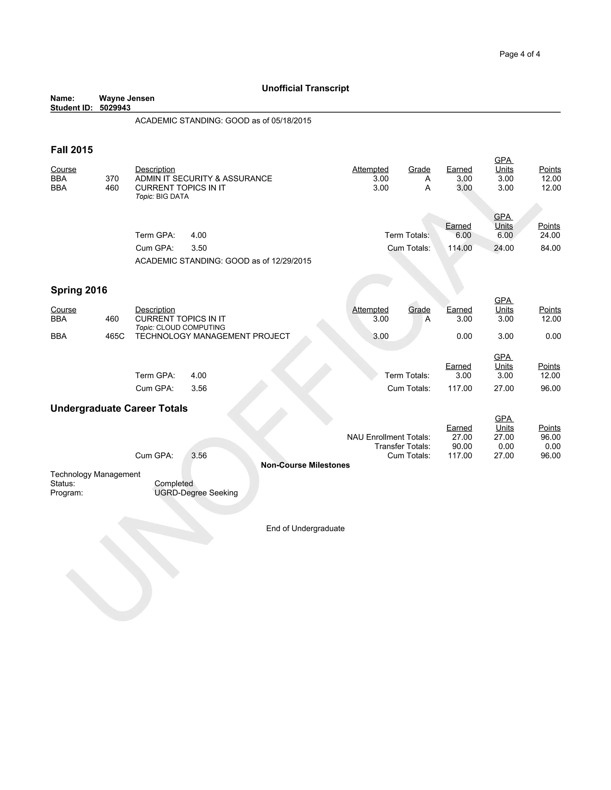 UNO
FFICIAL
UNO
FFICIAL
Page 4 of 4
Unofficial Transcript
Name: Wayne Jensen
Student ID: 5029943
ACADEMIC STANDING: GOOD as of 05/18/2015
Fall 2015
Course Description Attempted Grade Earned
GPA
Units Points
BBA 370 ADMIN IT SECURITY & ASSURANCE 3.00 A 3.00 3.00 12.00
BBA 460 CURRENT TOPICS IN IT 3.00 A 3.00 3.00 12.00
Topic: BIG DATA
Earned
GPA
Units Points
Term GPA: 4.00 Term Totals: 6.00 6.00 24.00
Cum GPA: 3.50 Cum Totals: 114.00 24.00 84.00
ACADEMIC STANDING: GOOD as of 12/29/2015
Spring 2016
Course Description Attempted Grade Earned
GPA
Units Points
BBA 460 CURRENT TOPICS IN IT 3.00 A 3.00 3.00 12.00
Topic: CLOUD COMPUTING
BBA 465C TECHNOLOGY MANAGEMENT PROJECT 3.00 0.00 3.00 0.00
Earned
GPA
Units Points
Term GPA: 4.00 Term Totals: 3.00 3.00 12.00
Cum GPA: 3.56 Cum Totals: 117.00 27.00 96.00
Undergraduate Career Totals
Earned
GPA
Units Points
NAU Enrollment Totals: 27.00 27.00 96.00
Transfer Totals: 90.00 0.00 0.00
Cum GPA: 3.56 Cum Totals: 117.00 27.00 96.00
Non-Course Milestones
Technology Management
Status: Completed
Program: UGRD-Degree Seeking
End of Undergraduate
 