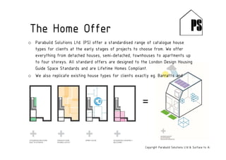 The Home Offer
Copyright Parabuild Solutions Ltd & Surface to Air Architects
o Parabuild Solutions Ltd. (PS) offer a standardised range of catalogue house
types for clients at the early stages of projects to choose from. We offer
everything from detached houses, semi-detached, townhouses to apartments up
to four storeys. All standard offers are designed to the London Design Housing
Guide Space Standards and are Lifetime Homes Compliant.
o We also replicate existing house types for clients exactly eg. Barratts and
Crest Nicholson.
=
 