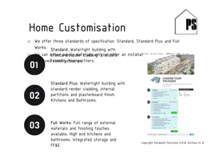Home Customisation
Copyright Parabuild Solutions Ltd & Surface to Air Architects
o We offer three standards of specification. Standard, Standard Plus and Full
Works.
o We can either supply materials only or offer an installation service, through our
approved construction partners.
Standard: Watertight building with
standard render cladding. Standard
finishing touches.
Standard Plus: Watertight building with
standard render cladding, internal
partitions and plasterboard finish.
Kitchens and Bathrooms.
Full Works: Full range of external
materials and finishing touches
available. High end kitchens and
bathrooms. Integrated storage and
FF&E.
 