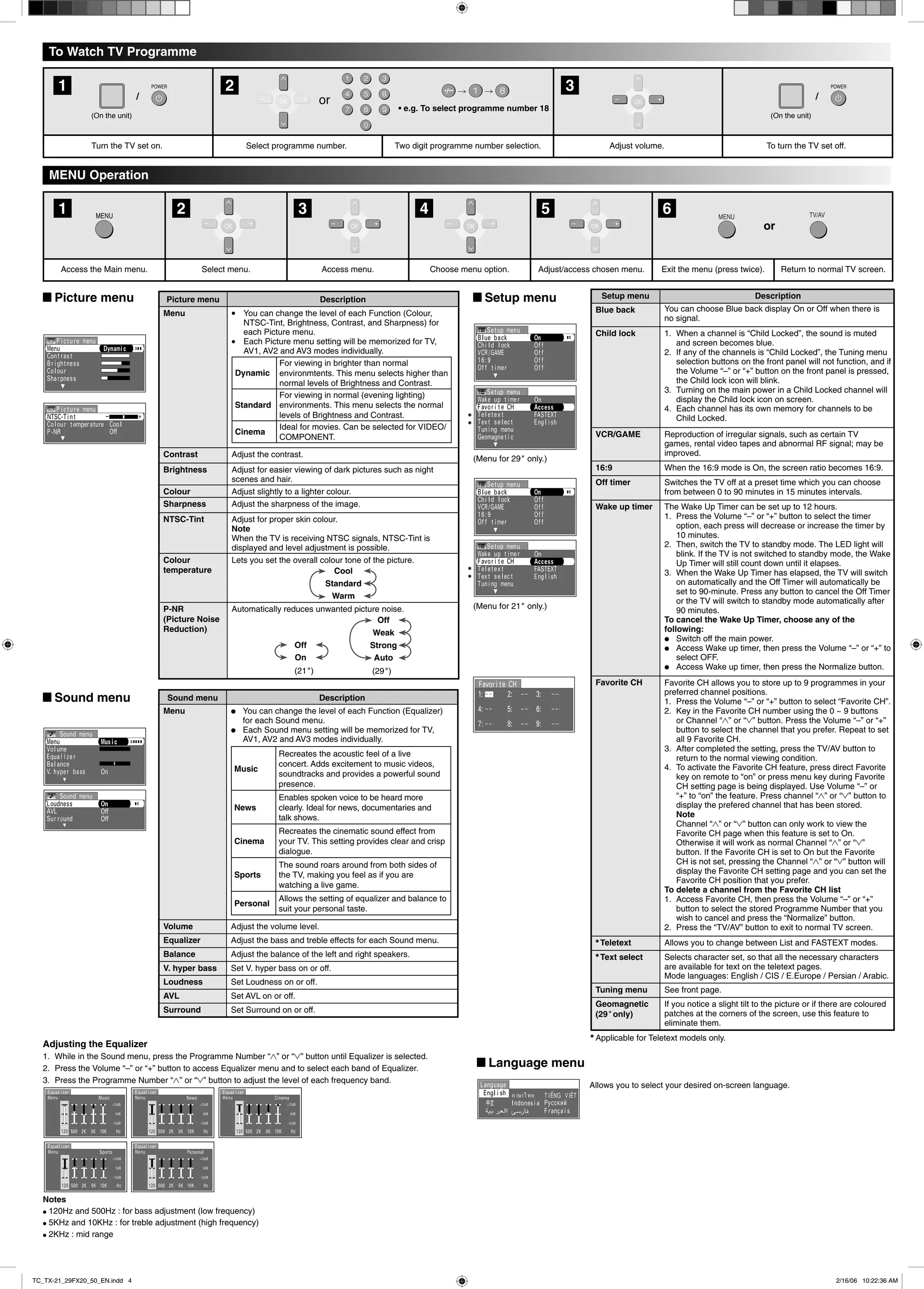 (On the unit)
or
(On the unit)
Turn the TV set on. Select programme number. Two digit programme number selection. Adjust volume. To turn the TV set off.
Access the Main menu. Select menu. Access menu. Choose menu option. Adjust/access chosen menu. Exit the menu (press twice). Return to normal TV screen.
(Menu for 29" only.)
(Menu for 21" only.)
Picture menu Description
Menu ÷ You can change the level of each Function (Colour,
NTSC-Tint, Brightness, Contrast, and Sharpness) for
each Picture menu.
÷ Each Picture menu setting will be memorized for TV,
AV1, AV2 and AV3 modes individually.
Dynamic
For viewing in brighter than normal
environmtents. This menu selects higher than
normal levels of Brightness and Contrast.
Standard
For viewing in normal (evening lighting)
environments. This menu selects the normal
levels of Brightness and Contrast.
Cinema
Ideal for movies. Can be selected for VIDEO/
COMPONENT.
Contrast Adjust the contrast.
Brightness Adjust for easier viewing of dark pictures such as night
scenes and hair.
Colour Adjust slightly to a lighter colour.
Sharpness Adjust the sharpness of the image.
NTSC-Tint Adjust for proper skin colour.
Note
When the TV is receiving NTSC signals, NTSC-Tint is
displayed and level adjustment is possible.
Colour
temperature
Lets you set the overall colour tone of the picture.
Cool
Standard
Warm
P-NR
(Picture Noise
Reduction)
Automatically reduces unwanted picture noise.
Off
On
(21" )
Off
Weak
Strong
Auto
(29" )
1 2 3
654321
• e.g. To select programme number 18
L Picture menu L Setup menu
L Sound menu
L Language menu
To Watch TV Programme
MENU Operation
Setup menu Description
Blue back You can choose Blue back display On or Off when there is
no signal.
Child lock 1. When a channel is “Child Locked”, the sound is muted
and screen becomes blue.
2. If any of the channels is “Child Locked”, the Tuning menu
selection buttons on the front panel will not function, and if
the Volume “–” or “+” button on the front panel is pressed,
the Child lock icon will blink.
3. Turning on the main power in a Child Locked channel will
display the Child lock icon on screen.
4. Each channel has its own memory for channels to be
Child Locked.
VCR/GAME Reproduction of irregular signals, such as certain TV
games, rental video tapes and abnormal RF signal; may be
improved.
16:9 When the 16:9 mode is On, the screen ratio becomes 16:9.
Off timer Switches the TV off at a preset time which you can choose
from between 0 to 90 minutes in 15 minutes intervals.
Wake up timer The Wake Up Timer can be set up to 12 hours.
1. Press the Volume “–” or “+” button to select the timer
option, each press will decrease or increase the timer by
10 minutes.
2. Then, switch the TV to standby mode. The LED light will
blink. If the TV is not switched to standby mode, the Wake
Up Timer will still count down until it elapses.
3. When the Wake Up Timer has elapsed, the TV will switch
on automatically and the Off Timer will automatically be
set to 90-minute. Press any button to cancel the Off Timer
or the TV will switch to standby mode automatically after
90 minutes.
To cancel the Wake Up Timer, choose any of the
following:
÷ Switch off the main power.
÷ Access Wake up timer, then press the Volume “–” or “+” to
select OFF.
÷ Access Wake up timer, then press the Normalize button.
Favorite CH Favorite CH allows you to store up to 9 programmes in your
preferred channel positions.
1. Press the Volume “–” or “+” button to select “Favorite CH”.
2. Key in the Favorite CH number using the 0 ~ 9 buttons
or Channel “3” or “4” button. Press the Volume “–” or “+”
button to select the channel that you prefer. Repeat to set
all 9 Favorite CH.
3. After completed the setting, press the TV/AV button to
return to the normal viewing condition.
4. To activate the Favorite CH feature, press direct Favorite
key on remote to “on” or press menu key during Favorite
CH setting page is being displayed. Use Volume “–” or
“+” to “on” the feature. Press channel “3” or “4” button to
display the prefered channel that has been stored.
Note
Channel “3” or “4” button can only work to view the
Favorite CH page when this feature is set to On.
Otherwise it will work as normal Channel “3” or “4”
button. If the Favorite CH is set to On but the Favorite
CH is not set, pressing the Channel “3” or “4” button will
display the Favorite CH setting page and you can set the
Favorite CH position that you prefer.
To delete a channel from the Favorite CH list
1. Access Favorite CH, then press the Volume “–” or “+”
button to select the stored Programme Number that you
wish to cancel and press the “Normalize” button.
2. Press the “TV/AV” button to exit to normal TV screen.
Teletext Allows you to change between List and FASTEXT modes.
Text select Selects character set, so that all the necessary characters
are available for text on the teletext pages.
Mode languages: English / CIS / E.Europe / Persian / Arabic.
Tuning menu See front page.
Geomagnetic
(29" only)
If you notice a slight tilt to the picture or if there are coloured
patches at the corners of the screen, use this feature to
eliminate them.
Applicable for Teletext models only.
Sound menu Description
Menu ÷ You can change the level of each Function (Equalizer)
for each Sound menu.
÷ Each Sound menu setting will be memorized for TV,
AV1, AV2 and AV3 modes individually.
Music
Recreates the acoustic feel of a live
concert. Adds excitement to music videos,
soundtracks and provides a powerful sound
presence.
News
Enables spoken voice to be heard more
clearly. Ideal for news, documentaries and
talk shows.
Cinema
Recreates the cinematic sound effect from
your TV. This setting provides clear and crisp
dialogue.
Sports
The sound roars around from both sides of
the TV, making you feel as if you are
watching a live game.
Personal
Allows the setting of equalizer and balance to
suit your personal taste.
Volume Adjust the volume level.
Equalizer Adjust the bass and treble effects for each Sound menu.
Balance Adjust the balance of the left and right speakers.
V. hyper bass Set V. hyper bass on or off.
Loudness Set Loudness on or off.
AVL Set AVL on or off.
Surround Set Surround on or off.
Adjusting the Equalizer
1. While in the Sound menu, press the Programme Number “3” or “4” button until Equalizer is selected.
2. Press the Volume “–” or “+” button to access Equalizer menu and to select each band of Equalizer.
3. Press the Programme Number “3” or “4” button to adjust the level of each frequency band.
Notes
÷ 120Hz and 500Hz : for bass adjustment (low frequency)
÷ 5KHz and 10KHz : for treble adjustment (high frequency)
÷ 2KHz : mid range
Allows you to select your desired on-screen language.
TC_TX-21_29FX20_50_EN.indd 4TC_TX-21_29FX20_50_EN.indd 4 2/16/06 10:22:36 AM2/16/06 10:22:36 AM
 