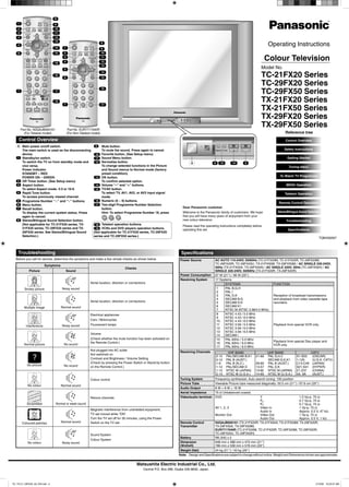 MENU TV/AV
AV 2 I N
V I D E O L / M O N O R
AU D I O
MENU TV/AV
Matsushita Electric Industrial Co., Ltd.
Central P.O. Box 288, Osaka 530-8692, Japan.
Operating Instructions
Colour Television
Model No.
TC-21FX20 Series
TC-29FX20 Series
TC-29FX50 Series
TX-21FX20 Series
TX-21FX50 Series
TX-29FX20 Series
TX-29FX50 Series
Control Overview
A Main power on/off switch.
The main switch is used as the disconnecting
device.
1 Standby/on switch.
To switch the TV on from standby mode and
vice versa.
Power Indicator
STANDBY – RED
POWER ON – GREEN
2 Off Timer button. (See Setup menu)
3 Aspect button.
To select Aspect mode: 4:3 or 16:9.
4 Rapid Tune button.
To access previously viewed channel.
5 Programme Number “3” and “4” buttons.
6 Menu button.
7 Recall button.
To display the current system status. Press
again to cancel.
8 Stereo/Bilingual Sound Selection button.
(Not applicable for TC-21FX20 series, TX-
21FX20 series, TC-29FX20 series and TX-
29FX20 series. See Stereo/Bilingual Sound
Selection.)
9 Mute button.
To mute the sound. Press again to cancel.
10 Favorite button. (See Setup menu)
11 Sound Menu button.
12 Normalize button.
To change selected functions in the Picture
and Sound menus to Normal mode (factory
preset condition).
13 OK button.
To conﬁrm selected option.
14 Volume “–” and “+” buttons.
15 TV/AV button.
To select TV, AV1, AV2, or AV3 input signal
mode.
16 Numeric (0 ~ 9) buttons.
17 Two-digit Programme Number Selection
button.
Hint: To select Programme Number 18, press
18 Teletext operation buttons.
19 VCRs and DVD players operation buttons.
(Not applicable for TC-21FX20 series, TC-29FX20
series and TC-29FX50 series.)
Dear Panasonic customer
Welcome to the Panasonic family of customers. We hope
that you will have many years of enjoyment from your
new colour television.
Please read the operating instructions completely before
operating this set.
Power Source AC AUTO 110-240V, 50/60Hz (TC-21FX20M, TC-21FX20R, TC-29FX20M,
TC-29FX20R, TC-29FX20U, TX-21FX50M, TX-29FX50M) / AC SINGLE 230-240V,
50Hz (TX-21FX50A, TX-29FX50A) / AC SINGLE 220V, 50Hz (TC-29FX50H) / AC
SINGLE 220-240V, 50/60Hz (TX-21FX20R, TX-29FX20R)
Power Consumption 67 W (21" ) / 98 W (29" )
Receiving System 17 Systems
SYSTEMS FUNCTION
1
2
3
4
5
6
7
PAL B,G,H
PAL I
PAL D,K
SECAM B,G
SECAM D,K
SECAM K1
NTSC M (NTSC 3.58/4.5 MHz)
Reception of broadcast transmissions
and playback from video cassette tape
recorders.
8
9
10
11
12
13
14
NTSC 4.43 / 5.5 MHz
NTSC 4.43 / 6.0 MHz
NTSC 4.43 / 6.5 MHz
NTSC 3.58 / 5.5 MHz
NTSC 3.58 / 6.0 MHz
NTSC 3.58 / 6.5 MHz
SECAM I
Playback from special VCR only.
15
16
17
PAL 60Hz / 5.5 MHz
PAL 60Hz / 6.0 MHz
PAL 60Hz / 6.5 MHz
Playback from special Disc player and
VCR only.
Receiving Channels VHF BAND UHF BAND CATV
2-12 PAL/SECAM B,K1
0-12 PAL B (AUST.)
1-9 PAL B (N.Z.)
1-12 PAL/SECAM D
1-12 NTSC M (JAPAN)
2-13 NTSC M (U.S.A.)
21-69 PAL G,H,I/
SECAM G,K,K1
28-69 PAL B (AUST.)
13-57 PAL D,K
13-62 NTSC M (JAPAN)
14-69 NTSC M (U.S.A.)
S1-S20 (OSCAR)
1-125 (U.S.A. CATV)
C13-C49 (JAPAN)
S21-S41 (HYPER)
Z1-Z37 (CHINA)
5A, 9A (AUST.)
Tuning System Frequency synthesizer, Auto search tuning: 100 position
Picture Tube Viewable Picture tube measured diagonally: 50.5 cm (21" ) / 67.6 cm (29" )
Audio Output 8 W + 8 W = 16 W
Aerial Impedance 75 Ω Unbalanced coaxial.
Video/audio terminal: DVD Y 1.0 Vp-p, 75 Ω
PB 0.7 Vp-p, 75 Ω
PR 0.7 Vp-p, 75 Ω
AV 1, 2, 3 Video In 1 Vp-p, 75 Ω
Audio In Approx. 0.5 V, 47 kΩ
Monitor Out Video Out 1 Vp-p, 75 Ω
Audio Out Approx. 0.5 V, 1 kΩ
Remote Control
Transmitter
N2QAJB000161 (TX-21FX20R, TX-21FX50A, TX-21FX50M, TX-29FX20R,
TX-29FX50A, TX-29FX50M)
EUR7717040R (TC-21FX20M, TC-21FX20R, TC-29FX20M, TC-29FX20R,
TC-29FX20U, TC-29FX50H)
Battery R6 (AA) x 2
Dimension
(WxDxH)
648 mm x 488 mm x 472 mm (21" )
786 mm x 508 mm x 578 mm (29" )
Weight (Net) 24 kg (21" ) / 43 kg (29" )
Note: Design and Speciﬁcations are subject to change without notice. Weight and Dimensions shown are approximate.
Troubleshooting Speciﬁcations
Before you call for service, determine the symptoms and make a few simple checks as shown below.
Symptoms
Checks
Picture Sound
Snowy picture Noisy sound
Aerial location, direction or connections
Multiple image Normal sound
Aerial location, direction or connections
Interference Noisy sound
Electrical appliances
Cars / Motorcycles
Fluorescent lamps
Normal picture No sound
Volume
(Check whether the mute function has been activated on
the Remote Control.)
No picture No sound
Not plugged into AC outlet
Not switched on
Contrast and Brightness / Volume Setting
(Check by pressing the Power Switch or Stand-by button
on the Remote Control.)
No colour Normal sound
Colour control
Scrambled Normal or weak sound
Retune channels
Coloured patches Normal sound
Magnetic interference from unshielded equipment;
TV set moved while “ON”.
Turn the TV set off for 30 minutes, using the Power
Switch on the TV set.
No colour Noisy sound
Sound System
Colour System
Reference tree
Control Overview
Safety Instructions
Getting Started
Tuning menu
To Watch TV Programme
MENU Operation
Teletext Operation
Remote Control Operation
Stereo/Bilingual Sound Selection
Troubleshooting
Speciﬁcations
TQB4G6097
Part No. N2QAJB000161
(For Teletext model)
Part No. EUR7717040R
(For Non-Teletext model)
TC_TX-21_29FX20_50_EN.indd 2TC_TX-21_29FX20_50_EN.indd 2 2/16/06 10:22:07 AM2/16/06 10:22:07 AM
 