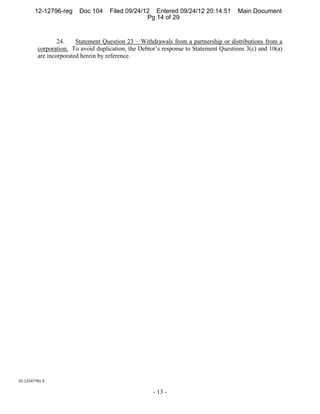 12-12796-reg     Doc 104    Filed 09/24/12 Entered 09/24/12 20:14:51         Main Document
                                                 Pg 14 of 29


                 24.    Statement Question 23 – Withdrawals from a partnership or distributions from a
         corporation. To avoid duplication, the Debtor’s response to Statement Questions 3(c) and 10(a)
         are incorporated herein by reference.




01:12547781.9 

                                                     - 13 -
 