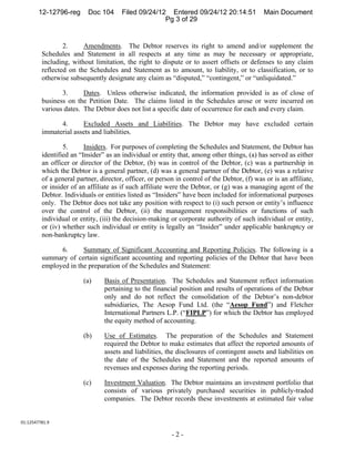 12-12796-reg      Doc 104      Filed 09/24/12 Entered 09/24/12 20:14:51               Main Document
                                                     Pg 3 of 29


                 2.     Amendments. The Debtor reserves its right to amend and/or supplement the
         Schedules and Statement in all respects at any time as may be necessary or appropriate,
         including, without limitation, the right to dispute or to assert offsets or defenses to any claim
         reflected on the Schedules and Statement as to amount, to liability, or to classification, or to
         otherwise subsequently designate any claim as “disputed,” “contingent,” or “unliquidated.”

                3.      Dates. Unless otherwise indicated, the information provided is as of close of
         business on the Petition Date. The claims listed in the Schedules arose or were incurred on
         various dates. The Debtor does not list a specific date of occurrence for each and every claim.

               4.      Excluded Assets and Liabilities. The Debtor may have excluded certain
         immaterial assets and liabilities.

                 5.      Insiders. For purposes of completing the Schedules and Statement, the Debtor has
         identified an “Insider” as an individual or entity that, among other things, (a) has served as either
         an officer or director of the Debtor, (b) was in control of the Debtor, (c) was a partnership in
         which the Debtor is a general partner, (d) was a general partner of the Debtor, (e) was a relative
         of a general partner, director, officer, or person in control of the Debtor, (f) was or is an affiliate,
         or insider of an affiliate as if such affiliate were the Debtor, or (g) was a managing agent of the
         Debtor. Individuals or entities listed as “Insiders” have been included for informational purposes
         only. The Debtor does not take any position with respect to (i) such person or entity’s influence
         over the control of the Debtor, (ii) the management responsibilities or functions of such
         individual or entity, (iii) the decision-making or corporate authority of such individual or entity,
         or (iv) whether such individual or entity is legally an “Insider” under applicable bankruptcy or
         non-bankruptcy law.

               6.      Summary of Significant Accounting and Reporting Policies. The following is a
         summary of certain significant accounting and reporting policies of the Debtor that have been
         employed in the preparation of the Schedules and Statement:

                        (a)     Basis of Presentation. The Schedules and Statement reflect information
                                pertaining to the financial position and results of operations of the Debtor
                                only and do not reflect the consolidation of the Debtor’s non-debtor
                                subsidiaries, The Aesop Fund Ltd. (the “Aesop Fund”) and Fletcher
                                International Partners L.P. (“FIPLP”) for which the Debtor has employed
                                the equity method of accounting.

                        (b)     Use of Estimates. The preparation of the Schedules and Statement
                                required the Debtor to make estimates that affect the reported amounts of
                                assets and liabilities, the disclosures of contingent assets and liabilities on
                                the date of the Schedules and Statement and the reported amounts of
                                revenues and expenses during the reporting periods.

                        (c)     Investment Valuation. The Debtor maintains an investment portfolio that
                                consists of various privately purchased securities in publicly-traded
                                companies. The Debtor records these investments at estimated fair value


01:12547781.9 

                                                          -2-
 