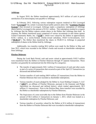 12-12796-reg      Doc 104      Filed 09/24/12 Entered 09/24/12 20:14:51             Main Document
                                                     Pg 9 of 29


         Arbitrage

                 In August 2010, the Debtor transferred approximately $4.5 million of cash in partial
         satisfaction of an intercompany note payable to Arbitrage.

                In February 2012, following various redemption requests tendered to FIA Leveraged
         Fund (“Leveraged”) by certain Louisiana-based public pension plans (the “Louisiana Pension
         Systems”) that invested in Leveraged, Arbitrage made a compulsory redemption of Arbitrage
         shares held by Leveraged in the amount of $136.1 million. This redemption resulted in a request
         by Arbitrage that the Debtor redeem certain shares in the Debtor that Arbitrage then held. In
         response, the Debtor transferred assets comprised of various investments in and claims against
         United Community Banks, Inc. (“UCBI”), which were valued by the Debtor at approximately
         $136.1 million, to a newly-formed, wholly-owned subsidiary, FILB Co-Investments, LLC
         (“FILB-CI”). The Debtor then transferred the shares in FILB-CI to Arbitrage in purported
         redemption of shares in the Debtor held by Arbitrage.

                Additionally, two transfers totaling $0.4 million were made by the Debtor in May and
         June 2012, which were recorded in the Debtor’s books and records as shareholder redemptions
         from Arbitrage.

         Fletcher Delaware

                 During the Look Back Period, cash and assets valued at approximately $102.5 million
         were transferred from the Debtor to Fletcher Delaware through 55 separate transactions. These
         transfers can generally be summarized into the following five categories:

                    The transfer of approximately $44.1 million (5 transactions) of cash and other assets
                     as part of a series of transactions that occurred as part of the April 22 Transactions (as
                     discussed and defined below);

                    Various transfers of cash totaling $40.9 million (32 transactions) from the Debtor to
                     Fletcher Delaware that were recorded as shareholder redemptions;

                    Various transfers of assets pledged by the Debtor to Asset Holding Company 5, LLC
                     (“AHC5”), an affiliate of Fletcher Delaware, pursuant to the Guaranty and Pledge
                     Agreement (as discussed and defined below), which totaled approximately $8.5
                     million (11 transactions). Prior to the Petition Date, these transfers were recorded by
                     the Debtor as shareholder redemptions by Fletcher Delaware;

                    The forgiveness of a note receivable due to the Debtor from Fletcher Delaware in the
                     amount of $6.6 million (1 transaction) on January 1, 2011, which was treated as a
                     shareholder redemption by Fletcher Delaware; and

                    Various transfers of securities valued by the Debtor at $2.4 million (6 transactions)
                     from the Debtor to Fletcher Delaware that were recorded as shareholder redemptions.



01:12547781.9 

                                                         -8-
 