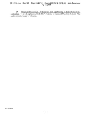 12-12796-reg     Doc 105    Filed 09/24/12 Entered 09/24/12 20:16:46         Main Document
                                                 Pg 14 of 41


                 24.    Statement Question 23 – Withdrawals from a partnership or distributions from a
         corporation. To avoid duplication, the Debtor’s response to Statement Questions 3(c) and 10(a)
         are incorporated herein by reference.




01:12547781.9 

                                                     - 13 -
 