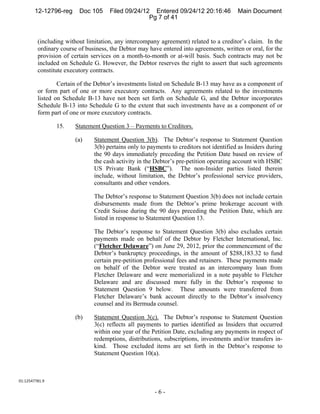 12-12796-reg     Doc 105     Filed 09/24/12 Entered 09/24/12 20:16:46            Main Document
                                                   Pg 7 of 41


         (including without limitation, any intercompany agreement) related to a creditor’s claim. In the
         ordinary course of business, the Debtor may have entered into agreements, written or oral, for the
         provision of certain services on a month-to-month or at-will basis. Such contracts may not be
         included on Schedule G. However, the Debtor reserves the right to assert that such agreements
         constitute executory contracts.

                 Certain of the Debtor’s investments listed on Schedule B-13 may have as a component of
         or form part of one or more executory contracts. Any agreements related to the investments
         listed on Schedule B-13 have not been set forth on Schedule G, and the Debtor incorporates
         Schedule B-13 into Schedule G to the extent that such investments have as a component of or
         form part of one or more executory contracts.

                 15.    Statement Question 3 – Payments to Creditors.

                        (a)    Statement Question 3(b). The Debtor’s response to Statement Question
                               3(b) pertains only to payments to creditors not identified as Insiders during
                               the 90 days immediately preceding the Petition Date based on review of
                               the cash activity in the Debtor’s pre-petition operating account with HSBC
                               US Private Bank (“HSBC”). The non-Insider parties listed therein
                               include, without limitation, the Debtor’s professional service providers,
                               consultants and other vendors.

                               The Debtor’s response to Statement Question 3(b) does not include certain
                               disbursements made from the Debtor’s prime brokerage account with
                               Credit Suisse during the 90 days preceding the Petition Date, which are
                               listed in response to Statement Question 13.

                               The Debtor’s response to Statement Question 3(b) also excludes certain
                               payments made on behalf of the Debtor by Fletcher International, Inc.
                               (“Fletcher Delaware”) on June 29, 2012, prior the commencement of the
                               Debtor’s bankruptcy proceedings, in the amount of $288,183.32 to fund
                               certain pre-petition professional fees and retainers. These payments made
                               on behalf of the Debtor were treated as an intercompany loan from
                               Fletcher Delaware and were memorialized in a note payable to Fletcher
                               Delaware and are discussed more fully in the Debtor’s response to
                               Statement Question 9 below. These amounts were transferred from
                               Fletcher Delaware’s bank account directly to the Debtor’s insolvency
                               counsel and its Bermuda counsel.

                        (b)    Statement Question 3(c). The Debtor’s response to Statement Question
                               3(c) reflects all payments to parties identified as Insiders that occurred
                               within one year of the Petition Date, excluding any payments in respect of
                               redemptions, distributions, subscriptions, investments and/or transfers in-
                               kind. Those excluded items are set forth in the Debtor’s response to
                               Statement Question 10(a).



01:12547781.9 

                                                       -6-
 