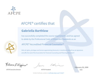 Verified Certificate available at certificates.afcpe.org/10164427
 