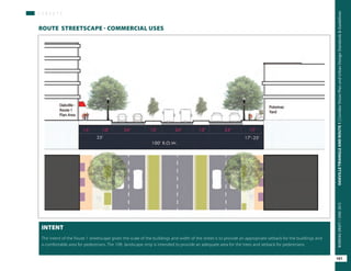 The intent of the Route 1 streetscape given the scale of the buildings and width of the street is to provide an appropriate setback for the buildings and
a comfortable area for pedestrians. The 10ft. landscape strip is intended to provide an adequate area for the trees and setback for pedestrians.
S T R E E T S
ROUTE STREETSCAPE - COMMERCIAL USES
INTENT
101
OAKVILLETRIANGLEANDROUTE1|CorridorVisionPlanandUrbanDesignStandards&GuidelinesWORKINGDRAFT/JUNE2015OAKVILLETRIANGLEANDROUTE1|CorridorVisionPlanandUrbanDesignStandards&GuidelinesWORKINGDRAFT/JUNE2015
101
OAKVILLETRIANGLEANDROUTE1|CorridorVisionPlanandUrbanDesignStandards&GuidelinesWORKINGDRAFT/JUNE2015
 
