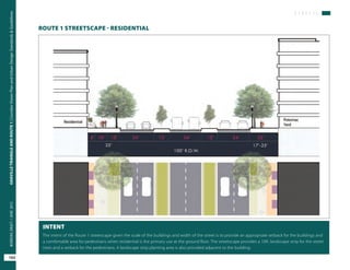 S T R E E T S
OAKVILLETRIANGLEANDROUTE1|CorridorVisionPlanandUrbanDesignStandards&Guidelines
102
WORKINGDRAFT/JUNE2015OAKVILLETRIANGLEANDROUTE1|CorridorVisionPlanandUrbanDesignStandards&Guidelines
102
WORKINGDRAFT/JUNE2015
ROUTE 1 STREETSCAPE - RESIDENTIAL
The intent of the Route 1 streetscape given the scale of the buildings and width of the street is to provide an appropriate setback for the buildings and
a comfortable area for pedestrians when residential is the primary use at the ground floor. The streetscape provides a 10ft. landscape strip for the street
trees and a setback for the pedestrians. A landscape strip planting area is also provided adjacent to the building.
INTENT
 