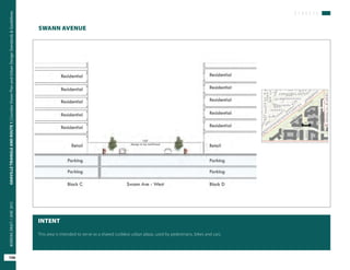 S T R E E T S
OAKVILLETRIANGLEANDROUTE1|CorridorVisionPlanandUrbanDesignStandards&Guidelines
106
WORKINGDRAFT/JUNE2015OAKVILLETRIANGLEANDROUTE1|CorridorVisionPlanandUrbanDesignStandards&Guidelines
106
WORKINGDRAFT/JUNE2015
SWANN AVENUE
INTENT
This area is intended to serve as a shared curbless urban plaza, used by pedestrians, bikes and cars.
 