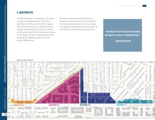 Landbay A Landbay B Landbay C Landbay D
DISTRICT 1 DISTRICT 2 DISTRICT 3 DISTRICT 4
Figure 5: Plan Districts
P L A N D I S T R I C T S
OAKVILLETRIANGLEANDROUTE1|CorridorVisionPlanandUrbanDesignStandards&Guidelines
24
WORKINGDRAFT/JUNE2015OAKVILLETRIANGLEANDROUTE1|CorridorVisionPlanandUrbanDesignStandards&Guidelines
24
WORKINGDRAFT/JUNE252015
P L A N D I S T R I C T S
A defining element of Alexandria is its unique
and distinct neighborhoods. The districts
identified in the Plan are intended to appear
and function as extensions of the adjoining
unique neighborhoods of Del Ray, Lynhaven
and Potomac Yard. The Plan districts are based
on the depths of blocks, overall size, existing
buildings and adjoining uses such as the
Mount Jefferson Park.
The districts are delineated for planning
purposes and serve as the basic structure for
the design standards. Due to the size, shape,
and adjacent neighborhoods, the character of
each district is intended to vary by location.
“ WE MUST NOT BUILD HOUSING
WE MUST BUILD COMMUNITIES.”
- MIKE BURTON
I. DISTRICTS
 