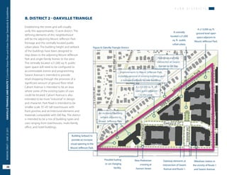 Improvements to Mount Jefferson Park,
including removal of existing buildings and
a increased setback for new buildings.
A ±13,000 sq. ft.
ground level open
space adjacent to
Mount Jefferson Park.
A ± 13,500 sq. ft. of
open space adjacent
to the park.
An increased building
setback adjacent to
Mount. Jefferson Park.
New Pedestrian
crossing at
Fannon Street.
Gateway elements at
intersection of Swann
Avenue and Route 1.
A centrally
located ±21,000
sq. ft. public
urban plaza.
Building Setback to
provide an increase
visual opening to the
Mount Jefferson Park.
Possible fueling
or car charging
facility.
Figure 8: Oakville Triangle District
Pedestrian and bike
connection at Swann
Avenue to Del Ray.
Bikeshare station in
the vicinity of Route 1
and Swann Avenue.
P L A N D I S T R I C T S
OAKVILLETRIANGLEANDROUTE1|CorridorVisionPlanandUrbanDesignStandards&Guidelines
28
WORKINGDRAFT/JUNE2015OAKVILLETRIANGLEANDROUTE1|CorridorVisionPlanandUrbanDesignStandards&Guidelines
28
WORKINGDRAFT/JUNE252015
P L A N D I S T R I C T S
B. DISTRICT 2 - OAKVILLE TRIANGLE
Establishing the street grid will visually
unify this approximately 15-acre district. The
defining elements of this neighborhood
will be the adjoining Mount Jefferson Park
frontage and the centrally located public
urban plaza. The building height and setback
of the buildings have been designed to
step down to the adjoining Mount Jefferson
Park and single-family homes to the west.
The centrally located ±21,000 sq. ft. public
open space will need to be configured to
accommodate events and programming.
Swann Avenue is intended to provide
retail shopping through the provision of a
significant amount of ground floor retail.
Calvert Avenue is intended to be an area
where some of the existing types of uses
could be located. Calvert Avenue is also
intended to be more “industrial” in design
and character. Park Road is intended to be
smaller scale 35’-45’ tall townhouses with
front porches and architectural elements and
materials compatible with Del Ray. The district
is intended to be a mix of building types and
uses ranging from townhouses, multi-family,
office, and hotel buildings.
 