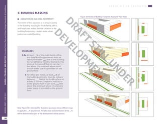 Figure 34: Variety of Building Footprints Axon and Plan Views
Note: Figure 34 is intended for illustrative purposes only as different ways
to apply the __% requirement. The allocation and distribution of the __%
will be determined as part of the development review process.
U R B A N D E S I G N C H A R A C T E R
OAKVILLETRIANGLEANDROUTE1|CorridorVisionPlanandUrbanDesignStandards&Guidelines
64
WORKINGDRAFT/JUNE2015OAKVILLETRIANGLEANDROUTE1|CorridorVisionPlanandUrbanDesignStandards&Guidelines
64
WORKINGDRAFT/JUNE2015
	 VARIATION IN BUILDING FOOTPRINT
The intent of this provision is to ensure variety
in the building massing for multi-family, office,
and hotel uses and to provide variation in the
building footprint to create a more urban,
pedestrian-scaled building.
C. BUILDING MASSING
STANDARDS
5.8a	At least __% of the multi-family, office,
and hotel building perimeter must be
setback between ___ feet at the building
face on at least 2 facades. Stepbacks may
occur at the ground floor or can start ___
feet above the streetwall where retail
and/or maker space is provided on the
ground floor.
b	For office and hotels, at least __% of
the building perimeter must be setback
between ___ feet at the building face on
at least 2 facades. Stepbacks may occur
at the ground floor or can start ___ feet
above the streetwall where retail and/or
maker space is provided on the ground
floor.
DRAFT
STILL
UNDER
DEVELO
PM
ENT
 