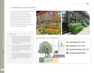 G R O U N D F L O O R U S E S
OAKVILLETRIANGLEANDROUTE1|CorridorVisionPlanandUrbanDesignStandards&Guidelines
84
WORKINGDRAFT/JUNE2015OAKVILLETRIANGLEANDROUTE1|CorridorVisionPlanandUrbanDesignStandards&Guidelines
84
WORKINGDRAFT/JUNE2015
To ensure an appropriate relationship between
the residential uses and the adjoining
sidewalk, the residential uses are required
to provide a transition between residential
buildings and the adjoining sidewalk. This
partnership between the sidewalk and the
building is important to provide sufficient
privacy for ground floor residents and to
achieve an appropriate relationship between
the pedestrian and the building.
A. RESIDENTIAL USES AT GRADE
Figure 40: Residential Uses at Grade Requirements
STANDARDS
6.1	 Residential buildings shall provide a
front setback of 2-10 feet from the
required sidewalk to provide space
for individual front yards, plantings,
landscaping, fences, stoops, and
similar elements.
6.2	 Ground floor levels for all residential
uses shall be elevated a minimum
of 12 inches and maximum of 4 feet
above the adjoining sidewalk. 2-3
feet is desired.
6.3	 For multi-family buildings (where
ground floor commercial space is not
provided) individual and functional
entries shall be provided at 20-30 ft.
intervals.
 