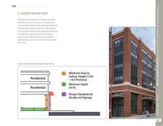 The goal of this space is to enable uses that
diversify the City’s economy, complements
and enhances the integrity of neighborhoods,
and provides opportunities for existing and
new small businesses and emerging industries.
The specific requirements for the types of
uses and associated requirements will be
established as part of the CDD zoning for the
Plan area.
C. MAKER SPACE USES
Figure 42: Minimum Maker Space Requirements
G R O U N D F L O O R U S E S
87
OAKVILLETRIANGLEANDROUTE1|CorridorVisionPlanandUrbanDesignStandards&GuidelinesWORKINGDRAFT/JUNE2015OAKVILLETRIANGLEANDROUTE1|CorridorVisionPlanandUrbanDesignStandards&GuidelinesWORKINGDRAFT/JUNE2015
87
OAKVILLETRIANGLEANDROUTE1|CorridorVisionPlanandUrbanDesignStandards&GuidelinesWORKINGDRAFT/JUNE2015
 