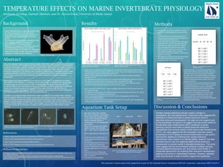 TEMPERATURE EFFECTS ON MARINE INVERTEBRATE PHYSIOLOGY
Stephanie Peramas, Hannah Sheehan, and Dr. Steven Irvine; University of Rhode Island
This material is based upon work supported in part by the National Science Foundation EPSCoR Cooperative Agreement #EPS-1004057.
Background
Due to the expected impact of global climate change, Rhode Island water temperatures are predicted
to rise by as much as 4℃. Studies on the native Rhode Island marine invertebrate Ciona intestinalis,
a species of sea squirts, indicate a potentially negative effect on the species’ reproductive success. In
this project, we looked at the impact of environmental stressors which might hinder the animal’s
embryonic development. This research was conducted by rearing local C. intestinalis animals in both
a projected stressed temperature of 22℃ and the high temperature limit for normal development of
18℃. We then carried out a cross fertilization and further analyzed the impact on embryonic
development.
We focused on the physical development of embryos by fixing them in formaldehyde and scoring
them based on five categories: 1) unhatched and uncleaved eggs, 2) unhatched and cleaved eggs,
3) hatched eggs with normal embryonic tails, 4) hatched eggs with kinked embryonic tails, and
5) hatched masses with no developed structure. Our preliminary studies suggest that C. intestinalis
reared at the elevated temperature produced far fewer viable embryos, often with little or no
development or altered development. However, specimens reared at the 18℃ oceanic temperature
more often produced viable embryos with normal development.
In addition, we conducted further “stress tests” based on modified pH and salinity levels consistent
with the expected effects on the oceanic environment due to global warming. Our results illustrate that
sea squirt embryos reared from animals at the stressed temperature of 22℃ are less likely to survive
exposure to other stressors (changes in pH and salinity, for example). Both of these stressors are
predicted effects of global warming. These results suggest that the reproductive success of the Ciona
intestinalis species will be hindered by increased water temperatures and other effects of global
warming.
Abstract
Results
Discussion & Conclusions
1. Lopez, C., 2016. Ocean Warming Effects on the Reproductive Proteome of Ciona intestinalis.
2. Lopez, C., 2016. Temperature Effects on the Proteome of Ciona intestinalis.
3. Figure 1: http://www.stefansiebert.photography/1930034-creatures-ii
4. Irvine, S.Q., 2016. Changes in the Ciona intestinalis ovarian proteome due to temperature stress.
References
Acknowledgements
• Sea squirt adults were collected
from South Kingstown and Newport,
Rhode Island and brought to tanks
set up at the University of Rhode
Island’s Graduate School of
Oceanography at the Narragansett
Bay Campus
• Tanks were equipped with chillers,
heaters, pumps, and airstones
• Tank 1 (see Figure 3) was set to 22
℃
• Tank 3 (see Figure 3) was set to 18
℃
• Temperature	was	recorded	daily	(℃)
• A	tube	pumped	sea	squirt	food	every	
30	minutes
• Overhead	lights	kept	the	animals	on	a	
12	hour	light	cycle	until	two	days	
before	our	experiments.	During	those	
two	days,	lights	were	set	to	a	24	hour	
cycle.
• Overhead	hoses	ran	unfiltered	sea	
water	into	a	head	tank	which	fed	into	
Tank	1	and	Tank	3
• Flow	rate	was	monitored	daily
• Animals	reared	in	tanks	at	both	18℃ and	22℃
were	left	in	constant	light	for	a	minimum	of	24	
hours
• The	animals	were	then	moved	to	the	dark	for	
two	hours	where	they	built	up	internal	gametes,	
a	natural	response	to	light	cycles	
• The	animals	were	then	placed	under	lights	again	
where	they	then	spawned	naturally,	releasing	
both	sperm	and	eggs	from	their	atrial	siphon
• Sperm	and	eggs	from	different	test	subjects	
(18℃ and	22 ℃)	were	then	crossed	in	a	petri	
dish,	washed	through	a	filter	to	remove	
impurities,	and	allowed	to	fertilize	in	filtered	sea	
water	for	15	minutes
• After	eggs	were	fertilized,	they	were	then	placed	
into	both	salinity	and	pH	stress	tests	and	
incubated	at	18℃ for	24	hours
Aquarium Tank Setup
Methods
• Ciona intestinalis have an upper temperature limit
for normal reproduction of 18℃ in captivity
• Some global warming projections indicate a 4℃
increase in water temperatures over the next
century
• This projected increase in water temperature may
have a negative effect on the growth and
development of C. intestinalis embryos
• Along with this increase in temperature, there are
expected changes in salinity and pH levels
• This research analyzes the ability of C. intestinalis
embryos to develop normally under these altered
temperature, salinity and pH conditions
Figure 1. Ciona intestinalis
• Salinity	tests	were	set	up	by	adjusting	filtered	sea	
water	to	four	different	salinities	(26	ppt,	28	ppt,	30	
ppt,	and	32	ppt,	and	a	control	sample	of	filtered	
sea	water	with	an	unmodified	salinity	of	36	ppt)	by	
adding	both	deionized	water	and	filtered	sea	water	
until	the	refractometer	read	out	each	of	the	five	
respective	salinities	
• pH	tests	were	set	up	by	adjusting	filtered	sea	water	
to	three	different	pHs:	7.2,	7.55,	and	the	control	pH	
of	8.09	(pH	of	filtered	sea	water)	by	adding	HCl	
dropwise	to	filtered	sea	water	until	the	pH	meter	
read	out	each	of	the	three	respective	pHs
• After	24	hours	in	incubation,	the	embryos	were	
then	fixed	using	formaldehyde	(formalin- 37%)
• Embryos	were	then	scored	using	a	dissecting	
microscope	to	assay	how	many	embryos developed	
normally	and	abnormally
Figure 6. Cross-fertilization diagram of
salinity stress test
Figure 7. Cross-fertilization diagram for pH
stress test
Figure 5. Tank arrangement including head tank at Narragansett
Bay Campus Graduate School of Oceanography
Figure 3. Graph of average percent normal embryos
drawn from salinity stress tests
Figure 2. a) Cleaved egg (labeled with arrow pointing to cleave) and an uncleaved egg, b) embryo with a normal tail, c) embryo with a
kinked tail, d) hatched mass with no developed structures.
2a. 2b. 2c. 2d.
Figure 4. Graph of average percent normal embryos
drawn from pH stress tests
For laboratory assistance and help monitoring our animals, we would like to thank Rose Jacobson, M.S., Evelyn Siler, Chelsea Lopez,
B.S., and Jay Grocott, B.S.
For monitoring our tanks when we were not present, we would like to thank Ed Baker, manager of seawater facilities.
Lastly, for helping us with organizing various events and for allowing us to have this opportunity, we would like to thank Jim Lemire in part
with EPSCoR Rhode Island.,
• Based	on	of	our	salinity	stress	tests	(Figure	3),	it	appears	that	under	a	salinity	close	to	that	of	
unfiltered	sea	water	(32-33	ppt),	animals	reared	at	18℃ have	a	4.7%	higher	ability	to	produce	
normal	embryos	compared	to	animals	reared	at	22℃
• When	the	22℃ eggs	were	crossed	with	18℃ sperm,	the	majority	of	embryos	developed	
normally	(70.7%)
• This	data	shows	that	sperm	from	the	22℃ animals	could	be	affected	by	a	salinity	of	32	ppt,	as	
0%	produced	normal	embryonic	development	when	crossed	with	18℃ eggs
• This	data	trend	persists	in	the	cross	fertilization	trails,	with	18℃ sperm	showing	a	higher	
percent	of	normal	embryonic	development	than	the	22℃ sperm
• At	our	control	pH	of	8.09,	the	22℃ sperm	and	eggs	produced	more	normal	embryos	than	the	
18℃ sperm	and	eggs
• The	testing	indicates	that	the	18℃ sperm	produced	less	normal	embryos	than	the	22℃ sperm,	
the	opposite	pattern	indicated	in	our	salinity	test
• Under	a	moderately	varied	pH	of	7.55,	the	22℃ sperm	and	eggs	again	produced	more	
normally	developed	embryos
• Under	a	more	extreme	drop	from	the	control	pH	at	a	pH	of	7.2,	the	18℃ sperm	and	eggs	were	
found	to	produce	20%	more	normal	embryos	
45
25
58.8
27.8
63.5
76.35
41.2
74.1
0
20.85
37
1.9
0
10
20
30
40
50
60
70
80
90
18℃ EGGS	X	
18℃ SPERM
22℃ EGGS	X	
22℃ SPERM	
18℃ EGGS	X	
22℃ SPERM
22℃ EGGS	X	
18℃ SPERM
PERCENT	NORMAL	EMBRYOS
PERCENT	NORMAL	EMBRYOS	UNDER	 VARIED	PH
pH	7.2 pH	7.55 pH	8.09
0.0
2.7
0.0
0.0
0.0
2.3
35.5
0.0
7.4
5.7
6.3
66.7
50.0
47.8
0.0
70.7
45.3
78.6
57.1
0
10
20
30
40
50
60
70
80
90
18℃ EGGS	X	
18℃ SPERM
22℃ EGGS	X	
22℃ SPERM	
18℃ EGGS	X	
22℃ SPERM
22℃ EGGS	X	
18℃ SPERM
PERCENT	NORMAL	EMBRYOS
26	ppt 28	ppt 30	ppt 32	ppt 36	ppt
PERCENT	NORMAL	EMBRYOS	UNDER	VARIED	 SALINITY
Climate change predictions indicate oceanic changes in
temperature, pH, and salinity levels. Preliminary data suggests that
alterations in either pH levels or salinity levels can result in
abnormal embryonic development. Our data not only supports part
of this hypothesis, but goes on to suggest that sea squirts reared at
the elevated water temperatures (22℃) predicted by global
warming could be more likely to exhibit abnormal embryonic
development than animals reared in their typical water temperatures
(18℃). Our data suggests that the forecasted, elevated oceanic
temperature of 22℃ poses an environmental stress on sea squirt’s
reproduction abilities by inhibiting their normal embryonic
development when reared in an altered salinity. However, the data
indicates that pH may not negatively affect normal embryonic
development in animals reared in elevated temperature. This study
does suggest that the environmental stresses of global warming,
including altered temperature, pH, and salinity could hinder C.
intestinalis reproduction by impairing their embryonic development,
leading to abnormal or undeveloped embryos. However, repeated
trials must be done in order to further support this hypothesis.
Tank 1 Tank 3Head Tank
 