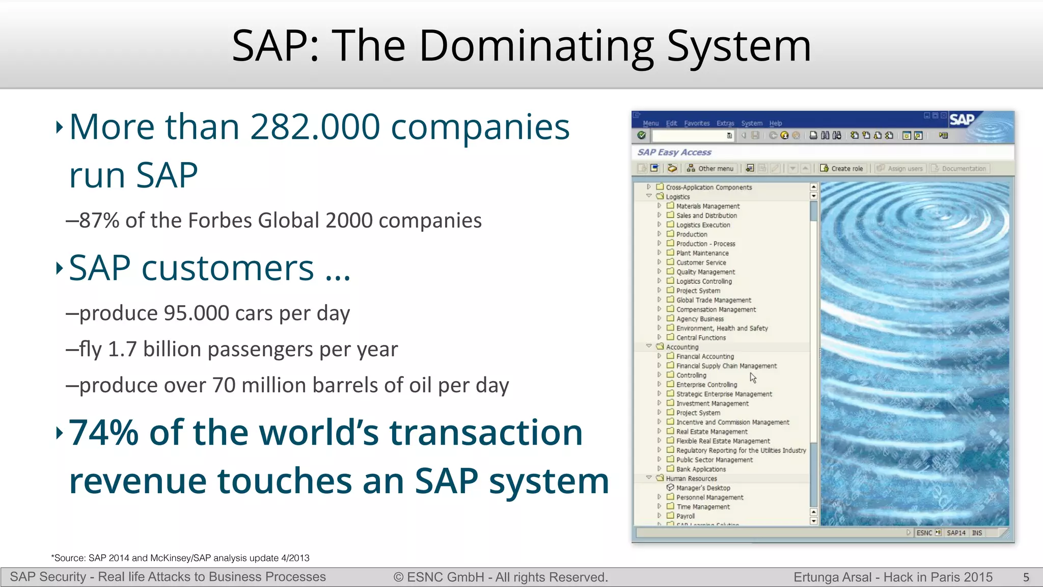 © ESNC GmbH - All rights Reserved.SAP Security - Real life Attacks to Business Processes Ertunga Arsal - Hack in Paris 2015
SAP: The Dominating System
‣More than 282.000 companies
run SAP
–87%(of(the(Forbes(Global(2000(companies(
‣SAP customers …
–produce(95.000(cars(per(day(
–ﬂy(1.7(billion(passengers(per(year(
–produce(over(70(million(barrels(of(oil(per(day((
‣74% of the world’s transaction
revenue touches an SAP system
5
*Source: SAP 2014 and McKinsey/SAP analysis update 4/2013
 