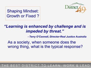 Shaping Mindset:
Growth or Fixed ?
“Learning is enhanced by challenge and is
impeded by threat.”
- Terry O’Connell, Director-Real Justice Australia
As a society, when someone does the
wrong thing, what is the typical response?
 