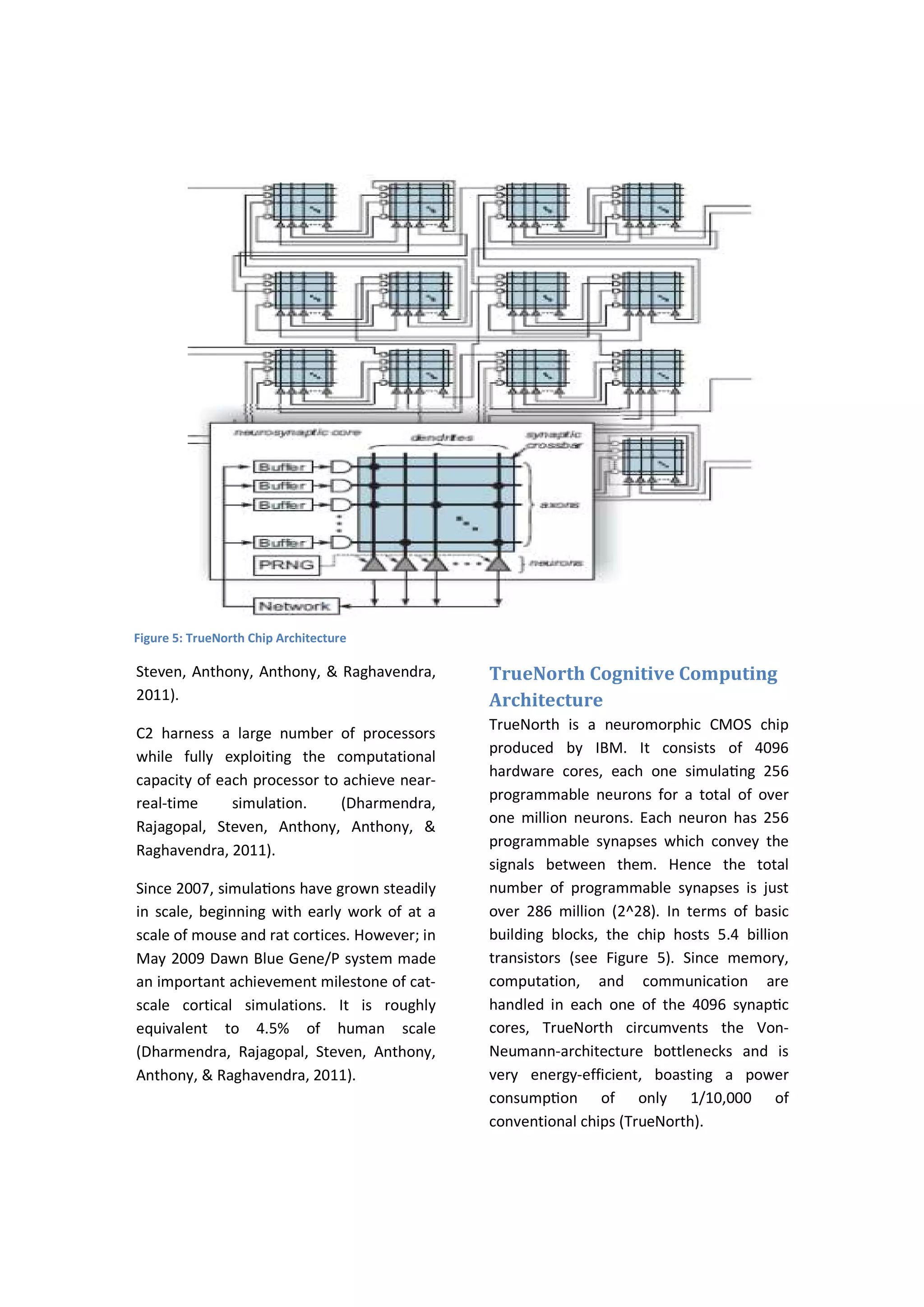 Steven, Anthony, Anthony, & Raghavendra,
2011).
C2 harness a large number of processors
while fully exploiting the computational
capacity of each processor to achieve near-
real-time simulation. (Dharmendra,
Rajagopal, Steven, Anthony, Anthony, &
Raghavendra, 2011).
Since 2007, simulaƟons have grown steadily
in scale, beginning with early work of at a
scale of mouse and rat cortices. However; in
May 2009 Dawn Blue Gene/P system made
an important achievement milestone of cat-
scale cortical simulations. It is roughly
equivalent to 4.5% of human scale
(Dharmendra, Rajagopal, Steven, Anthony,
Anthony, & Raghavendra, 2011).
TrueNorth Cognitive Computing
Architecture
TrueNorth is a neuromorphic CMOS chip
produced by IBM. It consists of 4096
hardware cores, each one simulaƟng 256
programmable neurons for a total of over
one million neurons. Each neuron has 256
programmable synapses which convey the
signals between them. Hence the total
number of programmable synapses is just
over 286 million (2^28). In terms of basic
building blocks, the chip hosts 5.4 billion
transistors (see Figure 5). Since memory,
computation, and communication are
handled in each one of the 4096 synapƟc
cores, TrueNorth circumvents the Von-
Neumann-architecture bottlenecks and is
very energy-efficient, boasting a power
consumpƟon of only 1/10,000 of
conventional chips (TrueNorth).
Figure 5: TrueNorth Chip Architecture
 