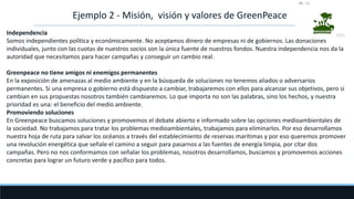 Ejemplo 2 - Misión, visión y valores de GreenPeace
Independencia
Somos independientes política y económicamente. No aceptamos dinero de empresas ni de gobiernos. Las donaciones
individuales, junto con las cuotas de nuestros socios son la única fuente de nuestros fondos. Nuestra independencia nos da la
autoridad que necesitamos para hacer campañas y conseguir un cambio real.
Greenpeace no tiene amigos ni enemigos permanentes
En la exposición de amenazas al medio ambiente y en la búsqueda de soluciones no tenemos aliados o adversarios
permanentes. Si una empresa o gobierno está dispuesto a cambiar, trabajaremos con ellos para alcanzar sus objetivos, pero si
cambian en sus propuestas nosotros también cambiaremos. Lo que importa no son las palabras, sino los hechos, y nuestra
prioridad es una: el beneficio del medio ambiente.
Promoviendo soluciones
En Greenpeace buscamos soluciones y promovemos el debate abierto e informado sobre las opciones medioambientales de
la sociedad. No trabajamos para tratar los problemas medioambientales, trabajamos para eliminarlos. Por eso desarrollamos
nuestra hoja de ruta para salvar los océanos a través del establecimiento de reservas marítimas y por eso queremos promover
una revolución energética que señale el camino a seguir para pasarnos a las fuentes de energía limpia, por citar dos
campañas. Pero no nos conformamos con señalar los problemas, nosotros desarrollamos, buscamos y promovemos acciones
concretas para lograr un futuro verde y pacífico para todos.
 