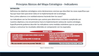 Principios Básicos del Mapa Estratégico - Indicadores
DEFINICIÓN -
Definimos los objetivos estratégicos como declaraciones concisas que describen las cosas específicas que
hay que hacer bien para tener éxito en la implementación de la estrategia.
Pero ¿cómo sabemos si en realidad estamos haciendo bien las cosas?
Los indicadores son las herramientas que usamos para determinar si estamos cumpliendo con
nuestros objetivos y nos encaminamos hacia la implementación exitosa de nuestra estrategia.
Específicamente podemos describir los indicadores como medidas estándares que se usan para
evaluar y comunicar los resultados obtenidos en comparación con los esperados.
 