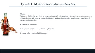 Ejemplo 1 - Misión, visión y valores de Coca Cola
Misión
Radica en el objetivo que tiene la empresa Coca Cola a largo plazo, y también se constituye como el
criterio de peso a la hora de tomar decisiones y acciones importantes para la marca para lograr 3
metas fundamentales:
 Refrescar al mundo.
 Inspirar momentos de optimismo y felicidad.
 Crear valor y marcar la diferencia.
.
 