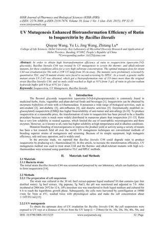 UV Mutagenesis Enhanced Biotransformation Efficiency of Rutin to ...