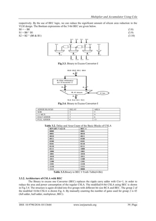 Multiplier and Accumulator Using Csla
DOI: 10.9790/2834-10113644 www.iosrjournals.org 39 | Page
respectively. By the use of BEC logic, we can reduce the significant amount of silicon area reduction in the
VLSI design. The Boolean expressions of the 3-bit BEC are given below.
S0 = ~ B0 (3.8)
S1 = B0 ^ B1 (3.9)
S2 = B2 ^ (B0 & B1) (3.10)
Fig.3.3. Binary to Excess Convertor-I
Fig.3.4. Binary to Excess Convertor-I
ADDER BLOCKS DELAY AREA
XOR 3 5
2:1 MUX 3 4
HALF ADDER 3 6
FULL ADDER 6 13
Table 3.2. Delay and Area Count of the Basic Blocks of CSLA
BINARY VALUE BEC-1
0000 0001
0001 0010
0010 0011
0011 0100
0100 0101
0101 0110
0110 0111
0111 1000
1000 1001
1001 1010
1010 1011
1011 1100
1100 1101
1101 1110
1110 1111
1111 0000
Table 3.3.Binary to BEC I Truth Table(4-Bit)
3.3.2. Architecture of CSLA with BEC
The Binary to excess one Converter (BEC) replaces the ripple carry adder with Cin=1, in order to
reduce the area and power consumption of the regular CSLA. The modified16-bit CSLA using BEC is shown
in Fig.3.4. The structure is again divided into five groups with different bit size RCA and BEC. The group 2 of
the modified 16-bit CSLA is shown Fig. 6. By manually counting the number of gates used for group 2 is 43
(full adder, half adder, multiplexer, BEC).
 