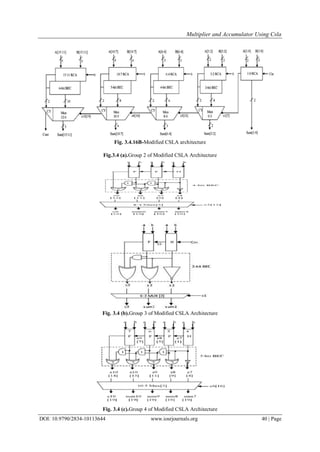 Multiplier and Accumulator Using Csla
DOI: 10.9790/2834-10113644 www.iosrjournals.org 40 | Page
Fig. 3.4.16B-Modified CSLA architecture
Fig.3.4 (a).Group 2 of Modified CSLA Architecture
Fig. 3.4 (b).Group 3 of Modified CSLA Architecture
Fig. 3.4 (c).Group 4 of Modified CSLA Architecture
 