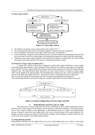 DC Motor Position Control Using Fuzzy Proportional-Derivative Controllers…
DOI: 10.9790/1676-10133747 www.iosrjournals.org 43 | Page
4.1 Fuzzy Logic Control
Figure 4.3 Fuzzy logic control
 All machines can process crisp or classical data such as either '0' or '1'.
 The crisp input and output must be converted to linguistic variables with fuzzy components.
 For converting the crisp value to fuzzy data is done by first step –Fuzzification .
 In the second step, to begin the fuzzy inference process, one need combine the Membership Functions with
the control rules to derive the control output, and arrange those outputs into a table called the lookup table.
 Furthermore, that control output should be converted from the linguistic variable back to the crisp variable
and output to the control operator. This process is called defuzzification or step 3.
4.2 Structure of Fuzzy Logic Controller (FLC)
A typical FLC consists of three basic components, namely input signal fuzzification, a fuzzy engine
and output signal defuzzification. The fuzzification block tranforms the continous input signal into linquistic
fuzzy variable. The fuzzy engine handles rule inference where human experience can easily be injected through
linguistic rules. The defuzzification block transforms the fuzzy control actions to continuous (crisp) signals
which can be applied to the physical plant. The knowledge base includes fuzzy sets, which are defined on the
interval of the inputs and outputs of the FLC, and rule base, which is constructed from fuzzy implication.
The error and error change for both position and time are scaled using appropriate scaling factors.
These scaled input data then converted into linguistic variables which may be viewed as labels of fuzzy sets.
Figure 4.4 Typical configuration of a fuzzy logic controller
V. Defuzzification And The Look Up Table
The conclusion or control output derived from the combination of input, output membership functions
and fuzzy rules is still a vague or fuzzy element, and this process in called fuzzy inference. To make that conclu-
sion or fuzzy output available to real applications, a defuzzification process is needed. The defuzzification
process is meant to convert the fuzzy output back to the crisp or classical output to the control objective. Re-
member, the fuzzy conclusion or output is still a linguistic variable, and this linguistic variable needs to be con-
verted to the crisp variable via the defuzzification process.
5.1 Defuzzification methods
Defuzzification interface uses the implied fuzzy sets or the overall implied fuzzy set to obtain a crisp output
 