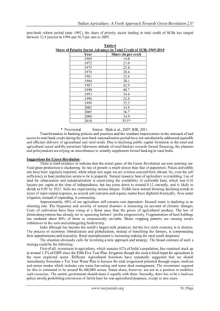 „Indian Agriculture: A Fresh Approach Towards Green Revolution 2.0‟
www.iosrjournals.org 56 | Page
post-bank reform period (post 1992), the share of priority sector lending in total credit of SCBs has ranged
between 32.8 percent in 1996 and 36.7 per cent in 2005.
Table-6
Share of Priority Sector Advances in Total Credit of SCBs 1969-2010
Year Share (in per cent)
1969 14.0
1972 21.0
1975 25.0
1978 28.6
1981 35.6
1984 38.1
1987 42.9
1990 40.7
1993 34.4
1996 32.8
1999 35.3
2002 34.8
2005 36.7
2008 34.9
2010 35.1*
* Provisional Source: Shah et al., 2007; RBI, 2011.
Transformation in banking policies and practices and the resultant improvement in the outreach of and
access to total bank credit during the post-bank nationalization period have not satisfactorily addressed equitable
and efficient delivery of agricultural and rural credit. Due to declining public capital formation in the rural and
agricultural sector and the persistent lukewarm attitude of rural bankers towards formal financing, the planners
and policymakers are relying on microfinance to suitably supplement formal banking in rural India.
Suggestions for Green Revolution :
There is hard evidence to indicate that the initial gains of the Green Revolution are now petering out.
Food grain production is slackening. Its rate of growth is much slower than that of population. Pulses and edible
oils have been regularly imported, while wheat and sugar too are at times sourced from abroad. So, even the self
sufficiency in food production seems to be in jeopardy. Natural resource base of agriculture is crumbling. Use of
land for urbanization and industrialization is constricting the availability of cultivable land, which was 0.36
hectare per capita at the time of independence, but has come down to around 0.12 currently, and is likely to
shrink to 0.09 by 2025. Soils are experiencing serious fatigue. Yields have started showing declining trends in
terms of input output response, as several soil nutrients and organic matter have depleted drastically. Area under
irrigation, instead of expanding, is contracting.
Approximately, 60% of our agriculture still remains rain dependent. Ground water is depleting at an
alarming rate. The frequency and severity of natural disasters is increasing on account of climatic changes.
Costs of cultivation have been rising at a faster pace than the prices of agricultural produce. The law of
diminishing returns has already set in squeezing farmers’ profits progressively. Fragmentation of land holdings
has rendered about 80% of them as economically unviable. Mono cropping patterns are causing severe
imbalances in the soils and endangering biodiversity.
India although has become the world’s largest milk producer, but the live stock economy is in distress.
The process of economic liberalization and globalization, instead of benefiting the farmers, is compounding
their apprehensions and insecurity. Rural unemployment is increasing making the rural youth desperate.
The situation obviously calls for inventing a new approach and strategy. The broad contours of such a
strategy could be the following:
First of all, investment in agriculture, which sustains 62% of India’s population, has remained stuck up
at around 1.3% of GDP since the Fifth Five Year Plan. Irrigation though the most critical input for agriculture is
the most neglected sector. Different Agricultural Scientists have repeatedly suggested that we should
immediately formulate a Ten Year Water Plan to harness the total irrigational potential through major, medium
and minor modes which includes rain water harvesting and water shed management, The investment required
for this is estimated to be around Rs.400,000 crores. States alone, however, are not in a position to mobilize
such resources. The central government should share it equally with them. Secondly, there has to be a land use
policy strictly prohibiting conversion of fertile land for non-agricultural purposes, except in rare cases.
 