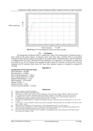 Comparative Study of Speed Control of Induction Motor Using PI and Fuzzy Logic Controller
DOI: 10.9790/1676-10214352 www.iosrjournals.org 52 | Page
Time in seconds
Fig 19:Speed V/S Time Response using Fuzzy logic controller
VI. Conclusion
The background of Induction Motor is studied and a study of the characteristics of induction motor is
done. Graph for the speed response of induction motor using fuzzy logic controller (FLC) is successfully
simulated in MATLAB and compared with graph for the speed response of Induction Motor with PI controller.It
is established that fuzzy logic controller has finer performance in comparison to PI controller as steady state
error (SSE) is zero in FLC whereas in PI controller the SSE is about 2%. Even the rise time in FLC is less as
compared with PI controller which shows FLC have faster dynamic response as compared to designed PI
controller.
Appendix-A
Specifications Of The Induction Motor
Stator Resistance = 0.050pu
Rotor Resistance = 0.030pu
Stator Leakage Inductance = 0.20 pu
Rotor Leakage Inductance = 0.02pu
Magnetizing Inductance = 6.0 pu
Base Frequency = 2*π*50 rad/s
Number of Poles = 2
Moment of Inertia = 1.2pu
Viscous Friction Coefficient = 2*10-5
pu
References
[1]. Electric machinery, Fitzgerald & Kingsley
[2]. Modern Control Engineering, Katsuhiko Ogata
[3]. Zimmermann, H. (2001). Fuzzy Set Theory and Its Applications. Boston: Kluwer Academic Publishers. ISBN 0-7923-7435-5
[4]. J. G. Ziegler and N. B. Nichols, “Optimum settings for automatic controllers,” Trans. ASME, vol. 64, pp. 759–768, 1942.
[5]. G. Mallesham and A. Rajani, “Automatic Tuning of PID Controller using Fuzzy Logic,” 8th International Conference on
Development and Application Systems, Suceava, Romania, pp. 120 – 126, 2006.
[6]. PavolFedorand DanielaPerduková, “A Simple Fuzzy Controller Structure,” ActaElectrotechnica et Informatica No. 4, Vol. 5, pp. 1-
4, 2005.
[7]. J.-S. R. Jang, C.-T. Sun, E. Mizutani, “Neuro-Fuzzy and Soft Computing,” Pearson Education Pte. Ltd., ISBN 81-297-0324-6, 1997,
chap. 2, chap. 3, chap. 4.
[8]. Gopal K. Dubey, “Fundamentals of Electrical Drives”, Narosa Publishing House Pvt. Ltd., 2001, chap. 6.
[9]. Yau-Tze Kao and Chang-Huan Liu, “Analysis and Design of Microprocessor-Based Vector-Controlled Induction Motor Drives,”
IEEE Transactions on Industrial Electronics, Vol. 39, pp. 46 – 54, 1 February, 1992.
[10]. M.Chow, A. Menozzi and F. Holcomb ,”On the Comparison of Emerging and Conventional Techniques for DC Motor Control,”
proc. IECON , pp. 1008-1013, 1992.
Motor speed (pu)
 