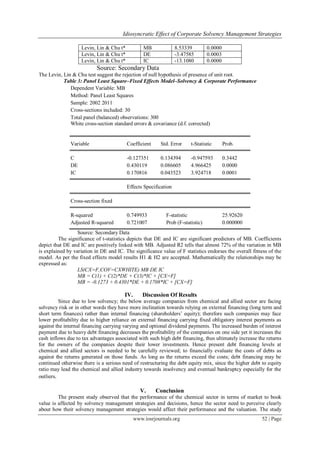 Idiosyncratic Effect of Corporate Solvency Management Strategies
www.iosrjournals.org 52 | Page
Levin, Lin & Chu t* MB 8.53339 0.0000
Levin, Lin & Chu t* DE -3.47585 0.0003
Levin, Lin & Chu t* IC -13.1080 0.0000
Source: Secondary Data
The Levin, Lin & Chu test suggest the rejection of null hypothesis of presence of unit root.
Table 3: Panel Least Square–Fixed Effects Model–Solvency & Corporate Performance
Dependent Variable: MB
Method: Panel Least Squares
Sample: 2002 2011
Cross-sections included: 30
Total panel (balanced) observations: 300
White cross-section standard errors & covariance (d.f. corrected)
Variable Coefficient Std. Error t-Statistic Prob.
C -0.127351 0.134394 -0.947593 0.3442
DE 0.430119 0.086605 4.966425 0.0000
IC 0.170816 0.043523 3.924718 0.0001
Effects Specification
Cross-section fixed
R-squared 0.749933 F-statistic 25.92620
Adjusted R-squared 0.721007 Prob (F-statistic) 0.000000
Source: Secondary Data
The significance of t-statistics depicts that DE and IC are significant predictors of MB. Coefficients
depict that DE and IC are positively linked with MB. Adjusted R2 tells that almost 72% of the variation in MB
is explained by variation in DE and IC. The significance value of F statistics endorses the overall fitness of the
model. As per the fixed effects model results H1 & H2 are accepted. Mathematically the relationships may be
expressed as:
LS(CX=F,COV=CXWHITE) MB DE IC
MB = C(1) + C(2)*DE + C(3)*IC + [CX=F]
MB = -0.1273 + 0.4301*DE + 0.1708*IC + [CX=F]
IV. Discussion Of Results
Since due to low solvency; the below average companies from chemical and allied sector are facing
solvency risk or in other words they have more inclination towards relying on external financing (long term and
short term finances) rather than internal financing (shareholders’ equity); therefore such companies may face
lower profitability due to higher reliance on external financing carrying fixed obligatory interest payments as
against the internal financing carrying varying and optional dividend payments. The increased burden of interest
payment due to heavy debt financing decreases the profitability of the companies on one side yet it increases the
cash inflows due to tax advantages associated with such high debt financing, thus ultimately increase the returns
for the owners of the companies despite their lower investments. Hence present debt financing levels at
chemical and allied sectors is needed to be carefully reviewed; to financially evaluate the costs of debts as
against the returns generated on those funds. As long as the returns exceed the costs; debt financing may be
continued otherwise there is a serious need of restructuring the debt equity mix, since the higher debt to equity
ratio may lead the chemical and allied industry towards insolvency and eventual bankruptcy especially for the
outliers.
V. Conclusion
The present study observed that the performance of the chemical sector in terms of market to book
value is affected by solvency management strategies and decisions, hence the sector need to perceive clearly
about how their solvency management strategies would affect their performance and the valuation. The study
 