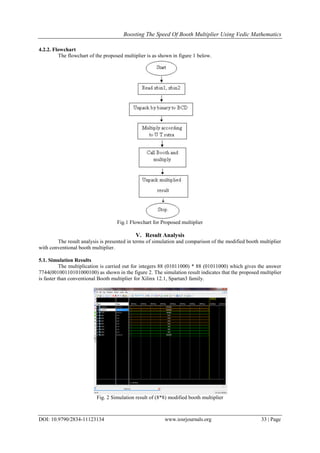 Boosting The Speed Of Booth Multiplier Using Vedic Mathematics
DOI: 10.9790/2834-11123134 www.iosrjournals.org 33 | Page
4.2.2. Flowchart
The flowchart of the proposed multiplier is as shown in figure 1 below.
Fig.1 Flowchart for Proposed multiplier
V. Result Analysis
The result analysis is presented in terms of simulation and comparison of the modified booth multiplier
with conventional booth multiplier.
5.1. Simulation Results
The multiplication is carried out for integers 88 (01011000) * 88 (01011000) which gives the answer
7744(00100110101000100) as shown in the figure 2. The simulation result indicates that the proposed multiplier
is faster than conventional Booth multiplier for Xilinx 12.1, Spartan3 family.
Fig. 2 Simulation result of (8*8) modified booth multiplier
 
