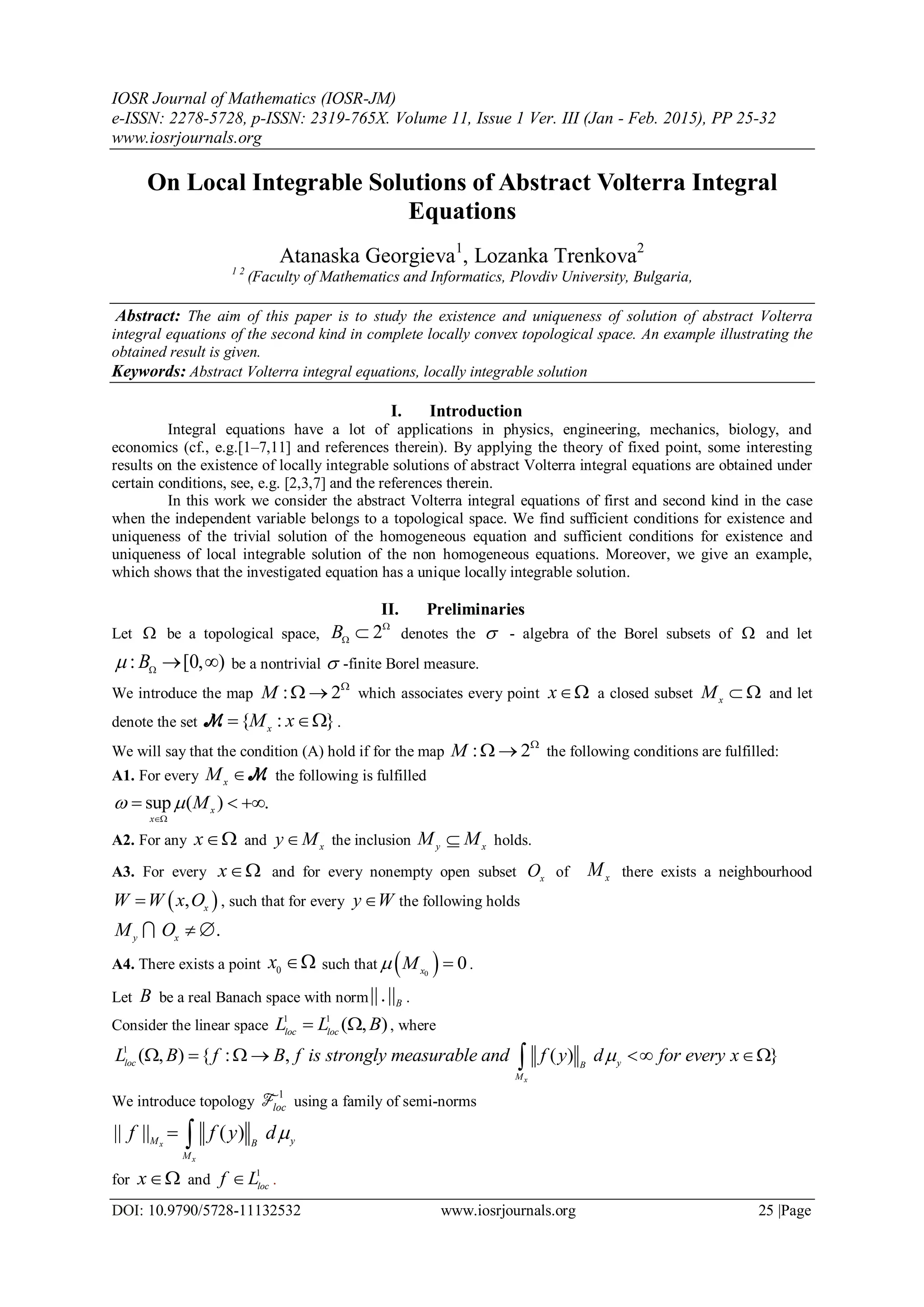 On Local Integrable Solutions of Abstract Volterra Integral Equations | PDF