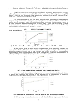 Influence of Injection Timing on the Performance of Dual Fuel Compression Ignition Engine …


          The built in program in the system calculates indicated power, brake power, thermal efficiency, volumetric
efficiency,fuel consumption rate, air fuel ratio and heat balance. The software package is fully configurableand averaged P-θ
diagram, P-V plot and liquid fuel injection pressure diagram can be obtained for various operating conditions. An AVL
smoke meter is used to measure the exhaust smoke levels.

          EGR pipe is connected from the outlet of the exhaust manifold to the inlet of intake manifold. The exhaust gases
are passed through an air box with a diaphragm to damp out the pulsations. An orifice plate of 6 mm diameter with an
inclined water tube manometer is used for flow measurement. Difference in manometer columns is taken as a measure of
EGR flow to the engine. Further the gases are cooled by passing through a counter flow heat exchanger. The outlet
temperature of exhaust gas attains nearly atmospheric temperature at the outlet of heat exchanger and is piped to the intake
manifold. The EGR percentage is varied in steps from 5% to 15%[6].

                                III.           RESULTS AND DISCUSSIONS
Brake Thermal Efficiency–




  Fig 1.Variation of Brake Thermal Efficiency withLoad in single and dual fuel mode for different LPG flow rates.

          At lower flow rates of LPG, the thermal efficiency is lower throughout the low load spectrum than that of neat
diesel operation. The lean LPG-air mixture does not encourage flame propagation resulting in pockets of incomplete
combustion. At higher proportions of LPG, the onset of knocking tends to reduce the efficiency. At very low loads the
reduced number of ignition centers decreases the chances of LPG combustion which in turn causes continuous reduction in
efficiency. With higher rate of LPG knocking takes place, which causes reduction in efficiency.




                 Fig 2. Variation of Brake Thermal Efficiency with Load in dual fuel mode with EGR

          It is observed that, for advanced injection timing, there is an improvement in brake thermal efficiency for all loads
in dual fuel mode. The presence of LPG increases the delay period and hence the injection advance will provoke the
combustion near TDC, hence better efficiency is obtained. Further advancement led to knocking.




       Fig 3.Variation of Brake Thermal Efficiency with Load in dual fuel mode for different EGR flow rates.

          As EGR percentage increases, the deterioration of brake thermal efficiency is pronounced. Combustion

                                                             38
 