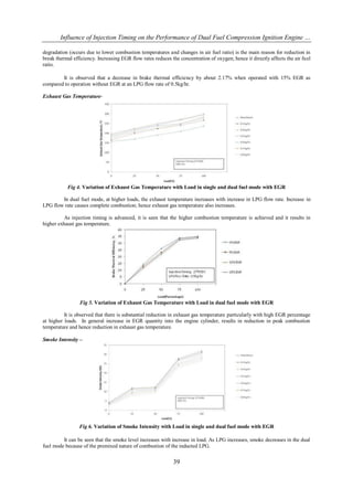 Influence of Injection Timing on the Performance of Dual Fuel Compression Ignition Engine …

degradation (occurs due to lower combustion temperatures and changes in air fuel ratio) is the main reason for reduction in
break thermal efficiency. Increasing EGR flow rates reduces the concentration of oxygen; hence it directly affects the air fuel
ratio.

        It is observed that a decrease in brake thermal efficiency by about 2.17% when operated with 15% EGR as
compared to operation without EGR at an LPG flow rate of 0.5kg/hr.

Exhaust Gas Temperature-




           Fig 4. Variation of Exhaust Gas Temperature with Load in single and dual fuel mode with EGR

        In dual fuel mode, at higher loads, the exhaust temperature increases with increase in LPG flow rate. Increase in
LPG flow rate causes complete combustion; hence exhaust gas temperature also increases.

         As injection timing is advanced, it is seen that the higher combustion temperature is achieved and it results in
higher exhaust gas temperature.




                 Fig 5. Variation of Exhaust Gas Temperature with Load in dual fuel mode with EGR

          It is observed that there is substantial reduction in exhaust gas temperature particularly with high EGR percentage
at higher loads. In general increase in EGR quantity into the engine cylinder, results in reduction in peak combustion
temperature and hence reduction in exhaust gas temperature.

Smoke Intensity –




                 Fig 6. Variation of Smoke Intensity with Load in single and dual fuel mode with EGR

         It can be seen that the smoke level increases with increase in load. As LPG increases, smoke decreases in the dual
fuel mode because of the premixed nature of combustion of the inducted LPG.


                                                             39
 