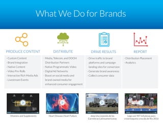 What We Do for Brands
PRODUCE CONTENT DISTRIBUTE
- Custom Content
- Brand Integration
- Native Content
- Video Pre-Rolls
- Interactive Rich Media Ads
- Livestream Events
- Media, Telecom, and DOOH
Distribution Partners
- Native Programmatic Video
- Digital Ad Networks
- Boost on social media and
brand-owned media for
enhanced consumer engagement
DRIVE RESULTS
- Drive traffic to brand
platforms and campaign
landing sites for conversion
- Generate brand awareness
- Collect consumer data
REPORT
- Distribution Placement
- Analytics
Vitamins and Supplements Heart Disease-Heart Failure Lego usó 947 mil piezas para
crearmaqueta a escala de Rio 2016
Jeep Una Leyenda de las
Carreteras Latinoamericanas
 