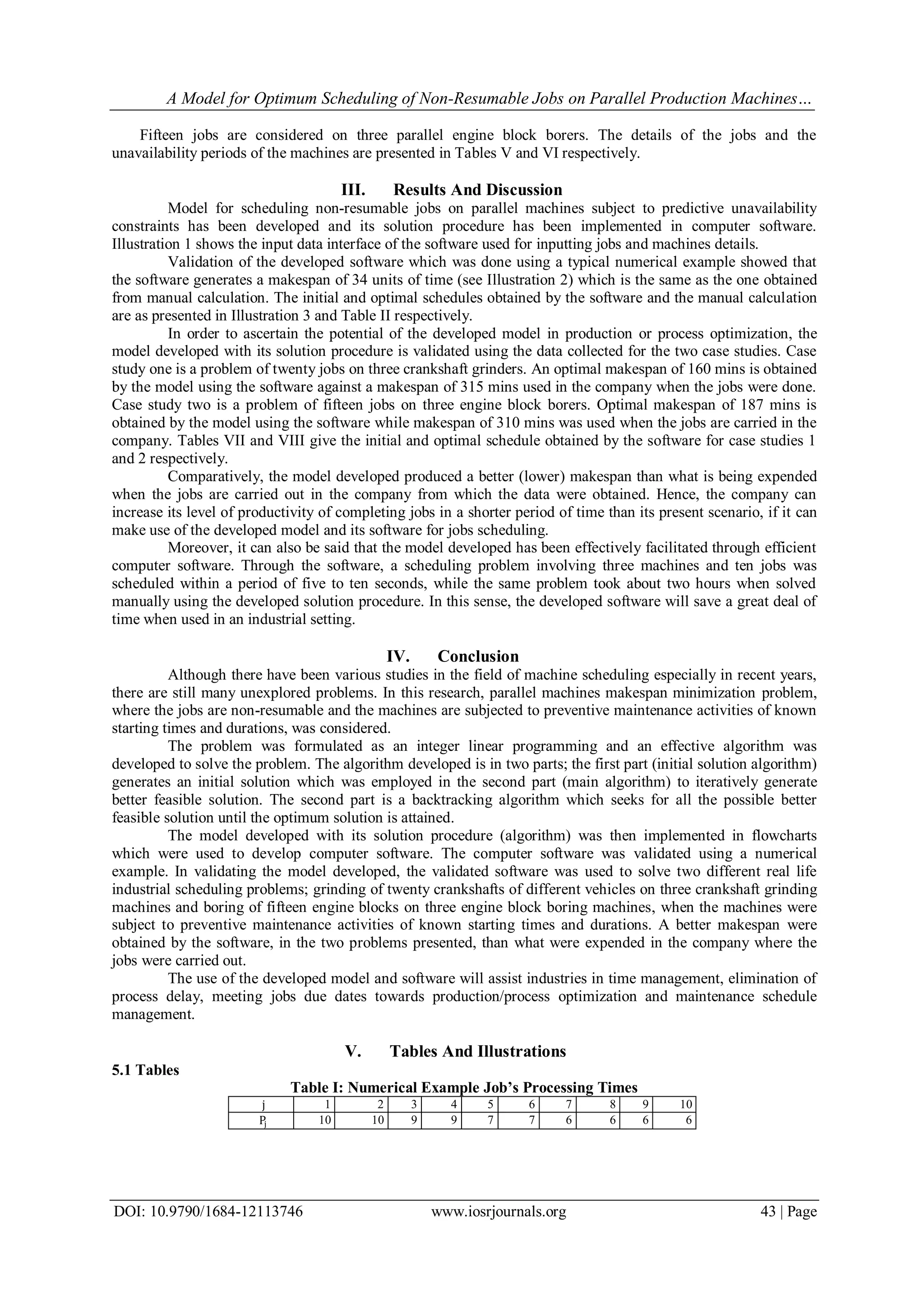 A Model for Optimum Scheduling of Non-Resumable Jobs on Parallel Production Machines…
DOI: 10.9790/1684-12113746 www.iosrjournals.org 43 | Page
Fifteen jobs are considered on three parallel engine block borers. The details of the jobs and the
unavailability periods of the machines are presented in Tables V and VI respectively.
III. Results And Discussion
Model for scheduling non-resumable jobs on parallel machines subject to predictive unavailability
constraints has been developed and its solution procedure has been implemented in computer software.
Illustration 1 shows the input data interface of the software used for inputting jobs and machines details.
Validation of the developed software which was done using a typical numerical example showed that
the software generates a makespan of 34 units of time (see Illustration 2) which is the same as the one obtained
from manual calculation. The initial and optimal schedules obtained by the software and the manual calculation
are as presented in Illustration 3 and Table II respectively.
In order to ascertain the potential of the developed model in production or process optimization, the
model developed with its solution procedure is validated using the data collected for the two case studies. Case
study one is a problem of twenty jobs on three crankshaft grinders. An optimal makespan of 160 mins is obtained
by the model using the software against a makespan of 315 mins used in the company when the jobs were done.
Case study two is a problem of fifteen jobs on three engine block borers. Optimal makespan of 187 mins is
obtained by the model using the software while makespan of 310 mins was used when the jobs are carried in the
company. Tables VII and VIII give the initial and optimal schedule obtained by the software for case studies 1
and 2 respectively.
Comparatively, the model developed produced a better (lower) makespan than what is being expended
when the jobs are carried out in the company from which the data were obtained. Hence, the company can
increase its level of productivity of completing jobs in a shorter period of time than its present scenario, if it can
make use of the developed model and its software for jobs scheduling.
Moreover, it can also be said that the model developed has been effectively facilitated through efficient
computer software. Through the software, a scheduling problem involving three machines and ten jobs was
scheduled within a period of five to ten seconds, while the same problem took about two hours when solved
manually using the developed solution procedure. In this sense, the developed software will save a great deal of
time when used in an industrial setting.
IV. Conclusion
Although there have been various studies in the field of machine scheduling especially in recent years,
there are still many unexplored problems. In this research, parallel machines makespan minimization problem,
where the jobs are non-resumable and the machines are subjected to preventive maintenance activities of known
starting times and durations, was considered.
The problem was formulated as an integer linear programming and an effective algorithm was
developed to solve the problem. The algorithm developed is in two parts; the first part (initial solution algorithm)
generates an initial solution which was employed in the second part (main algorithm) to iteratively generate
better feasible solution. The second part is a backtracking algorithm which seeks for all the possible better
feasible solution until the optimum solution is attained.
The model developed with its solution procedure (algorithm) was then implemented in flowcharts
which were used to develop computer software. The computer software was validated using a numerical
example. In validating the model developed, the validated software was used to solve two different real life
industrial scheduling problems; grinding of twenty crankshafts of different vehicles on three crankshaft grinding
machines and boring of fifteen engine blocks on three engine block boring machines, when the machines were
subject to preventive maintenance activities of known starting times and durations. A better makespan were
obtained by the software, in the two problems presented, than what were expended in the company where the
jobs were carried out.
The use of the developed model and software will assist industries in time management, elimination of
process delay, meeting jobs due dates towards production/process optimization and maintenance schedule
management.
V. Tables And Illustrations
5.1 Tables
Table I: Numerical Example Job’s Processing Times
j 1 2 3 4 5 6 7 8 9 10
Pj 10 10 9 9 7 7 6 6 6 6
 