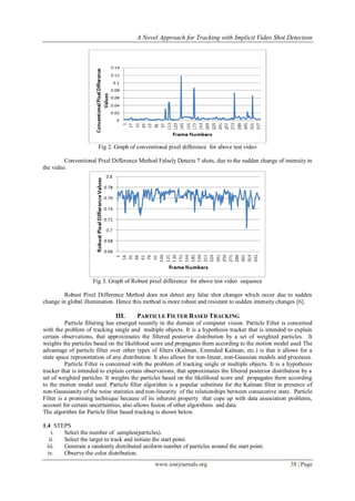 A Novel Approach for Tracking with Implicit Video Shot Detection
www.iosrjournals.org 38 | Page
Fig 2. Graph of conventional pixel difference for above test video
Conventional Pixel Difference Method Falsely Detects 7 shots, due to the sudden change of intensity in
the video.
Fig 3. Graph of Robust pixel difference for above test video sequence
Robust Pixel Difference Method does not detect any false shot changes which occur due to sudden
change in global illumination. Hence this method is more robust and resistant to sudden intensity changes [6].
III. PARTICLE FILTER BASED TRACKING
Particle filtering has emerged recently in the domain of computer vision. Particle Filter is concerned
with the problem of tracking single and multiple objects. It is a hypothesis tracker that is intended to explain
certain observations, that approximates the filtered posterior distribution by a set of weighted particles. It
weights the particles based on the likelihood score and propagates them according to the motion model used The
advantage of particle filter over other types of filters (Kalman, Extended Kalman, etc.) is that it allows for a
state space representation of any distribution. It also allows for non-linear, non-Gaussian models and processes.
Particle Filter is concerned with the problem of tracking single or multiple objects. It is a hypothesis
tracker that is intended to explain certain observations, that approximates the filtered posterior distribution by a
set of weighted particles. It weights the particles based on the likelihood score and propagates them according
to the motion model used. Particle filter algorithm is a popular substitute for the Kalman filter in presence of
non-Gaussianity of the noise statistics and non-linearity of the relationships between consecutive state. Particle
Filter is a promising technique because of its inherent property that cope up with data association problems,
account for certain uncertainties, also allows fusion of other algorithms and data.
The algorithm for Particle filter based tracking is shown below.
1.4 STEPS
i. Select the number of samples(particles).
ii. Select the target to track and initiate the start point.
iii. Generate a randomly distributed uniform number of particles around the start point.
iv. Observe the color distribution.
 